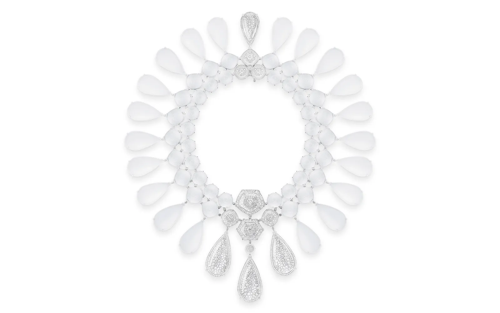 Boucheron's Iceberg necklace from the 2024 Or Bleu High Jewellery collection, set with sandblasted rock crystal drops