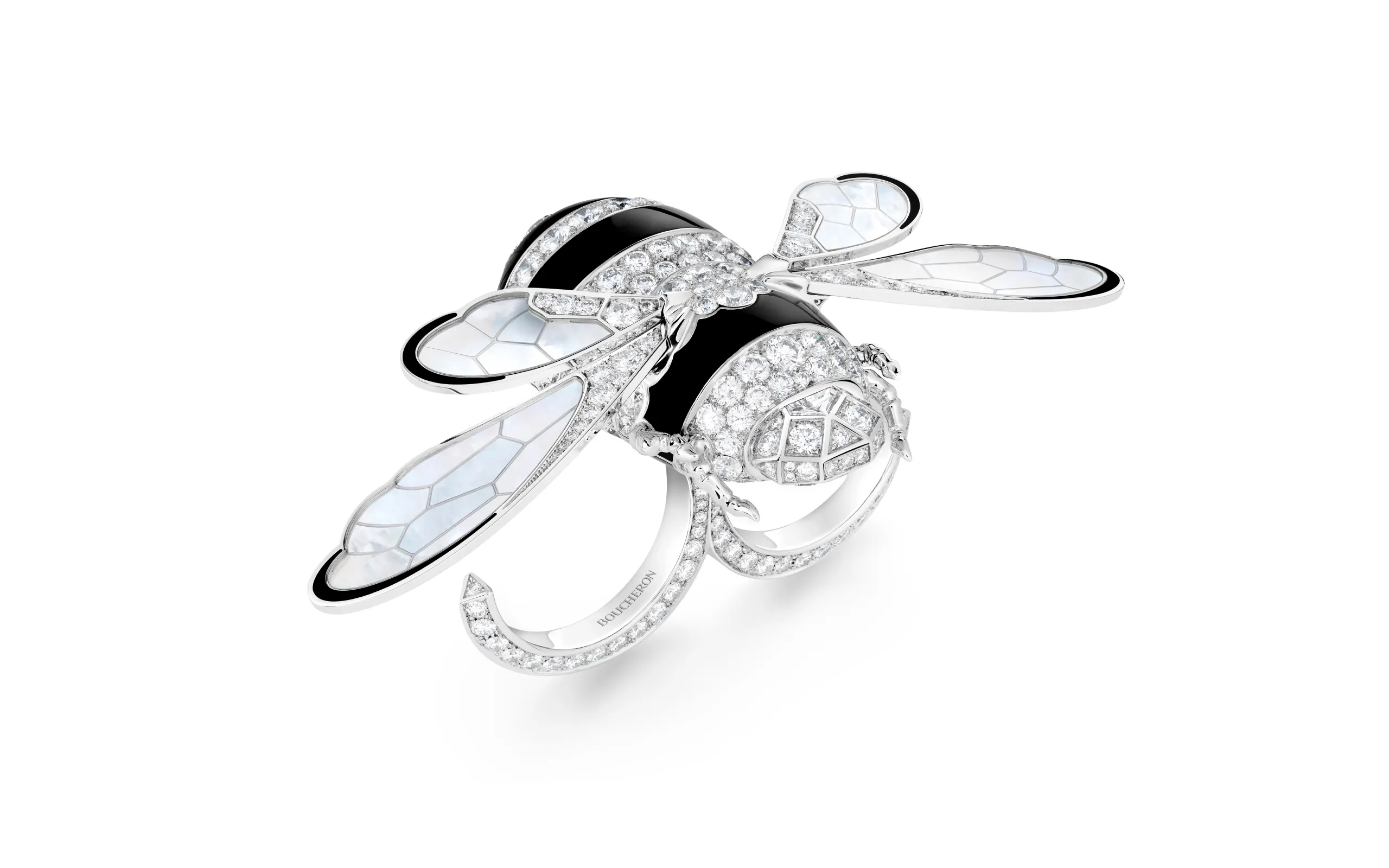Boucheron Bourdon ring with onyx, rock crystal, mother-of-pearl, and diamonds in 18k white gold, part of the Untamed Nature Histoire de Style 2025 High Jewellery collection 