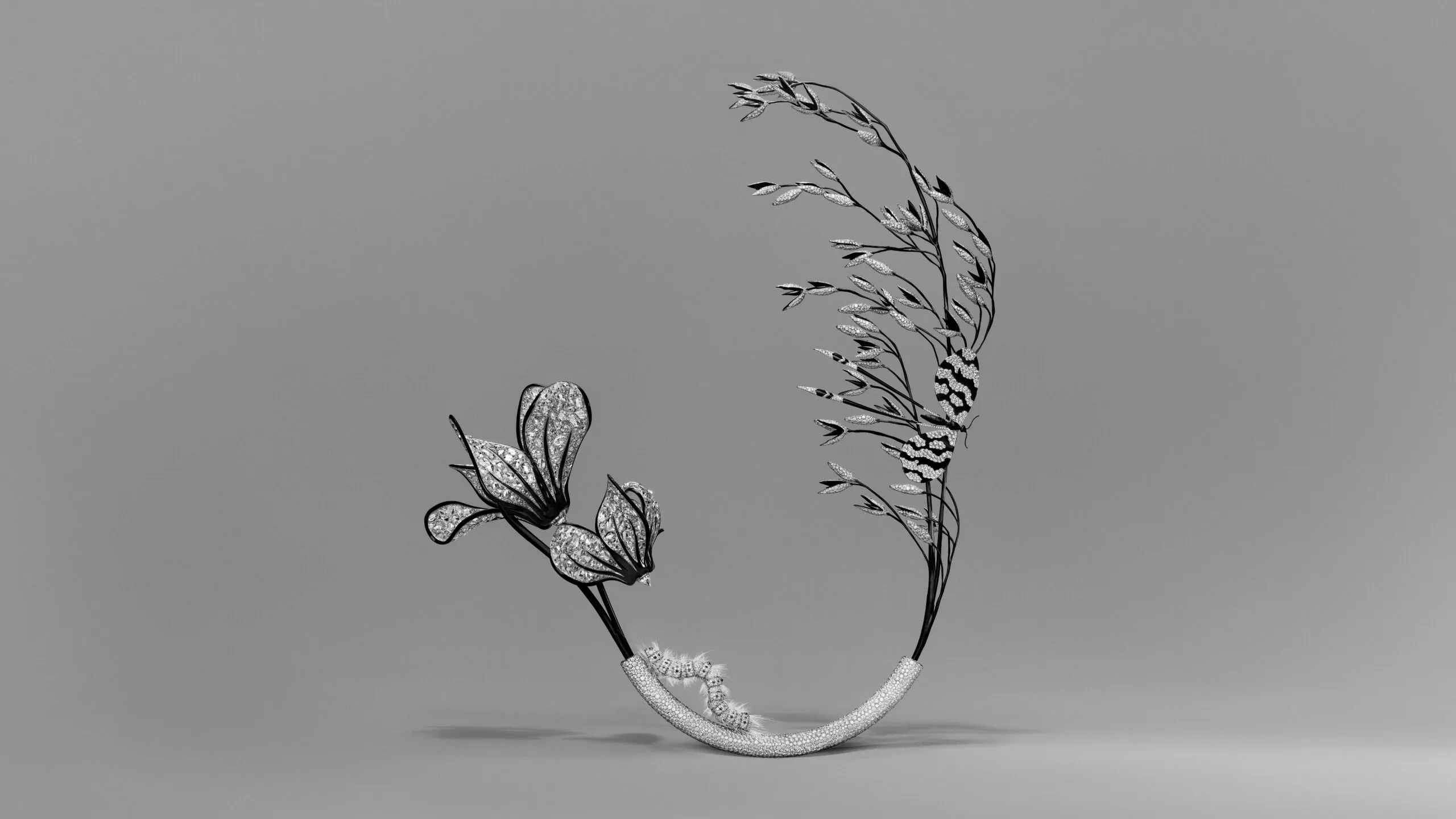 Composition No.4 of the Boucheron Impermanence High Jewellery collection, incorporating the Cyclamen transformable brooch-bracelet, the Oat hair jewel, Caterpillar brooch and Butterfly hair jewel in a vase made of white gold set entirely in snow-set diamonds 