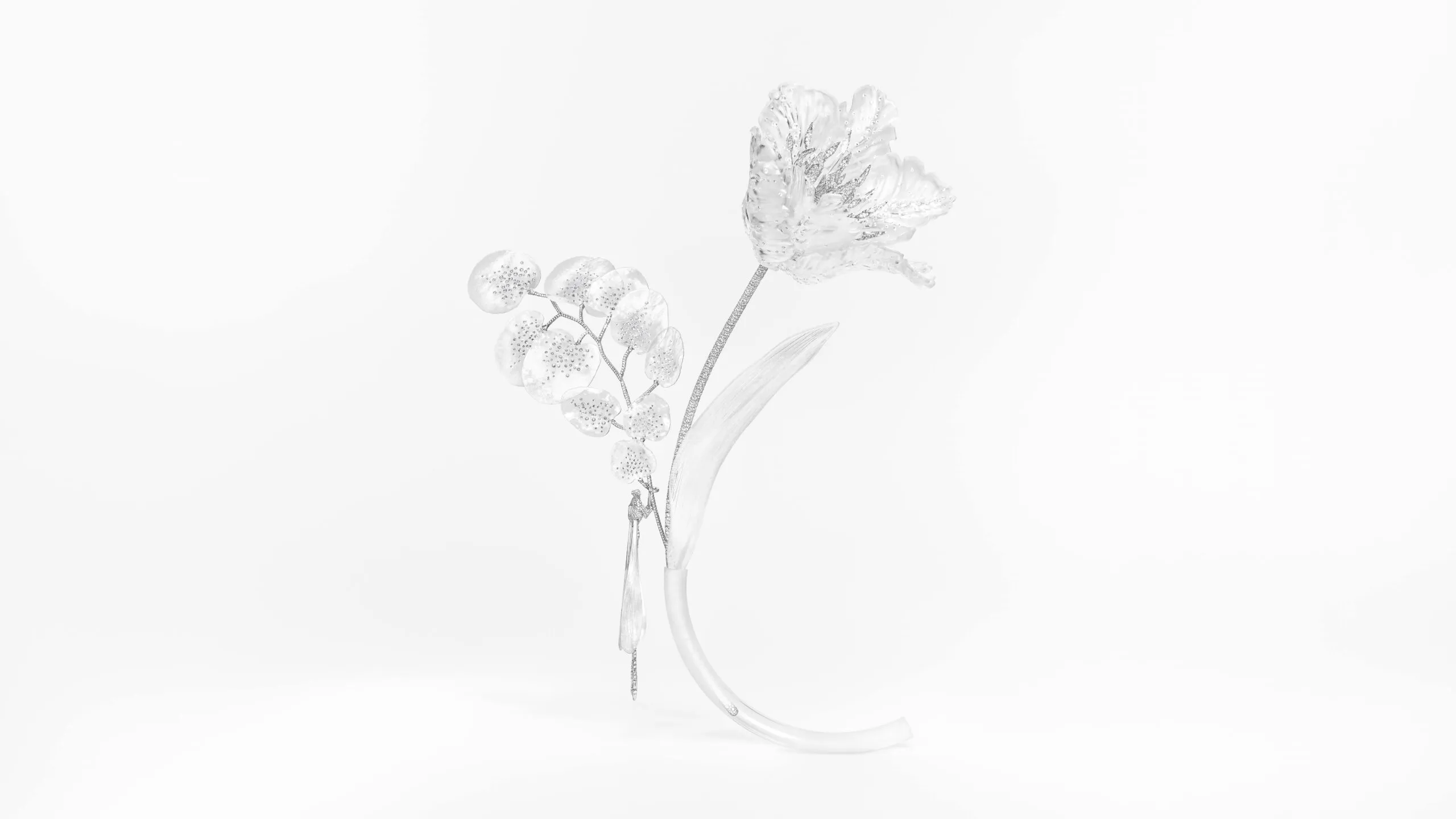 Composition No.6 of the Boucheron Impermanence High Jewellery collection, incorporating the Eucalyptus brooch, Tulip brooch and Dragonfly earring, housed in a borosilicate glass vase with a sandblasted effect