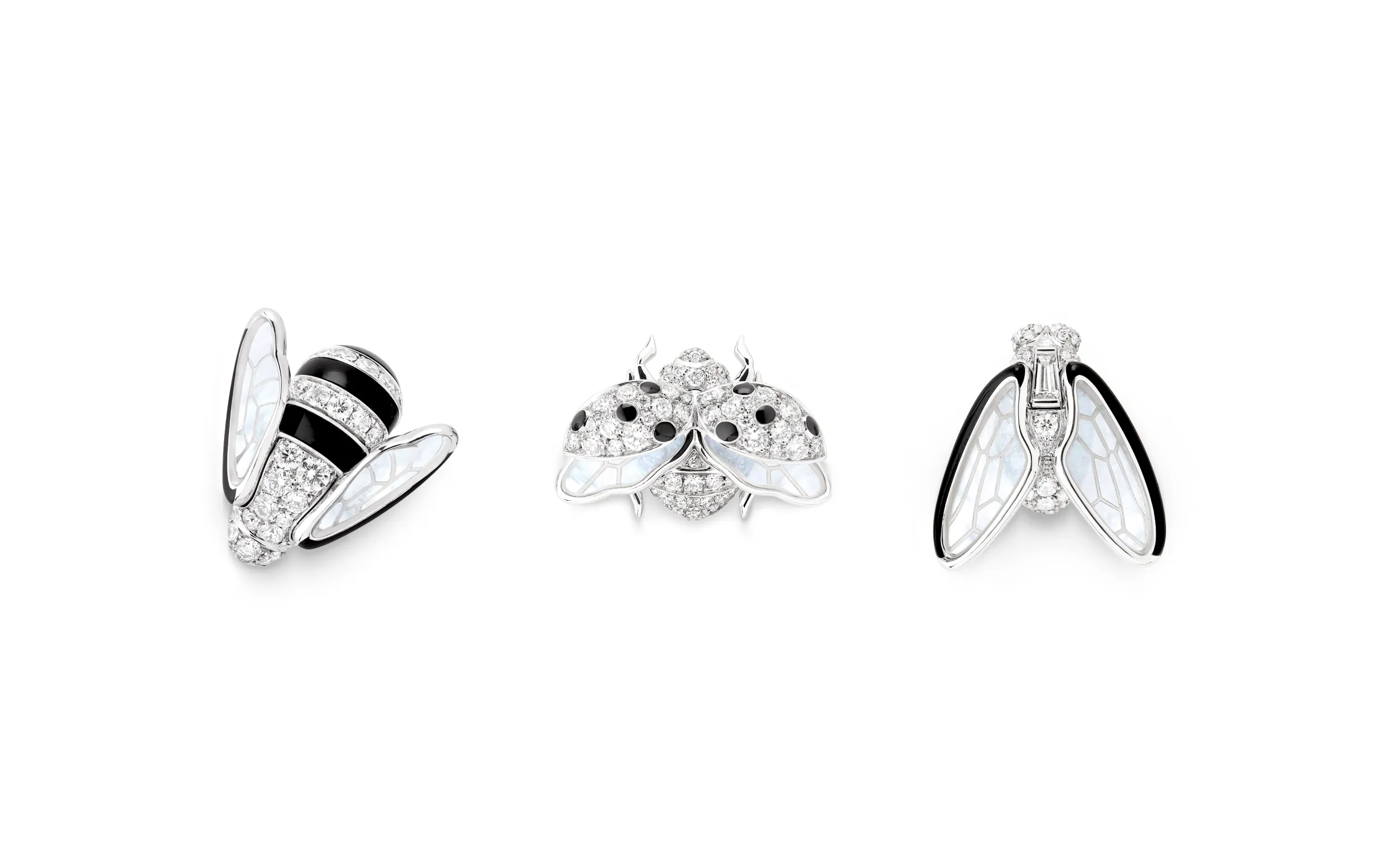 Boucheron Trio of Insects (Abeille, Coccinelle and Mouche) with rock crystal, mother of pearl, black lacquer and diamonds in 18k white gold, part of the Untamed Nature Histoire de Style 2025 High Jewellery collection 