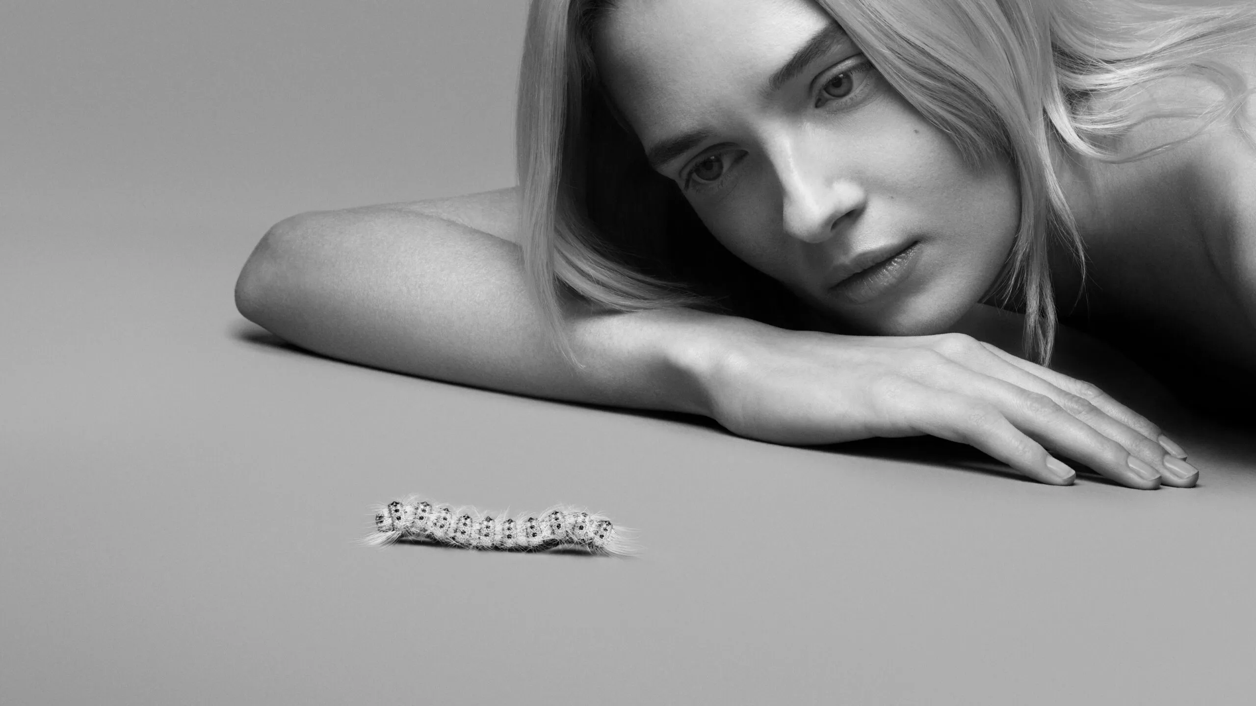 Caterpillar articulated brooch from Composition No.4 of the Boucheron Impermanence High Jewellery collection, crafted in white gold, diamonds, black spinels, and 'fine hair' fibres 