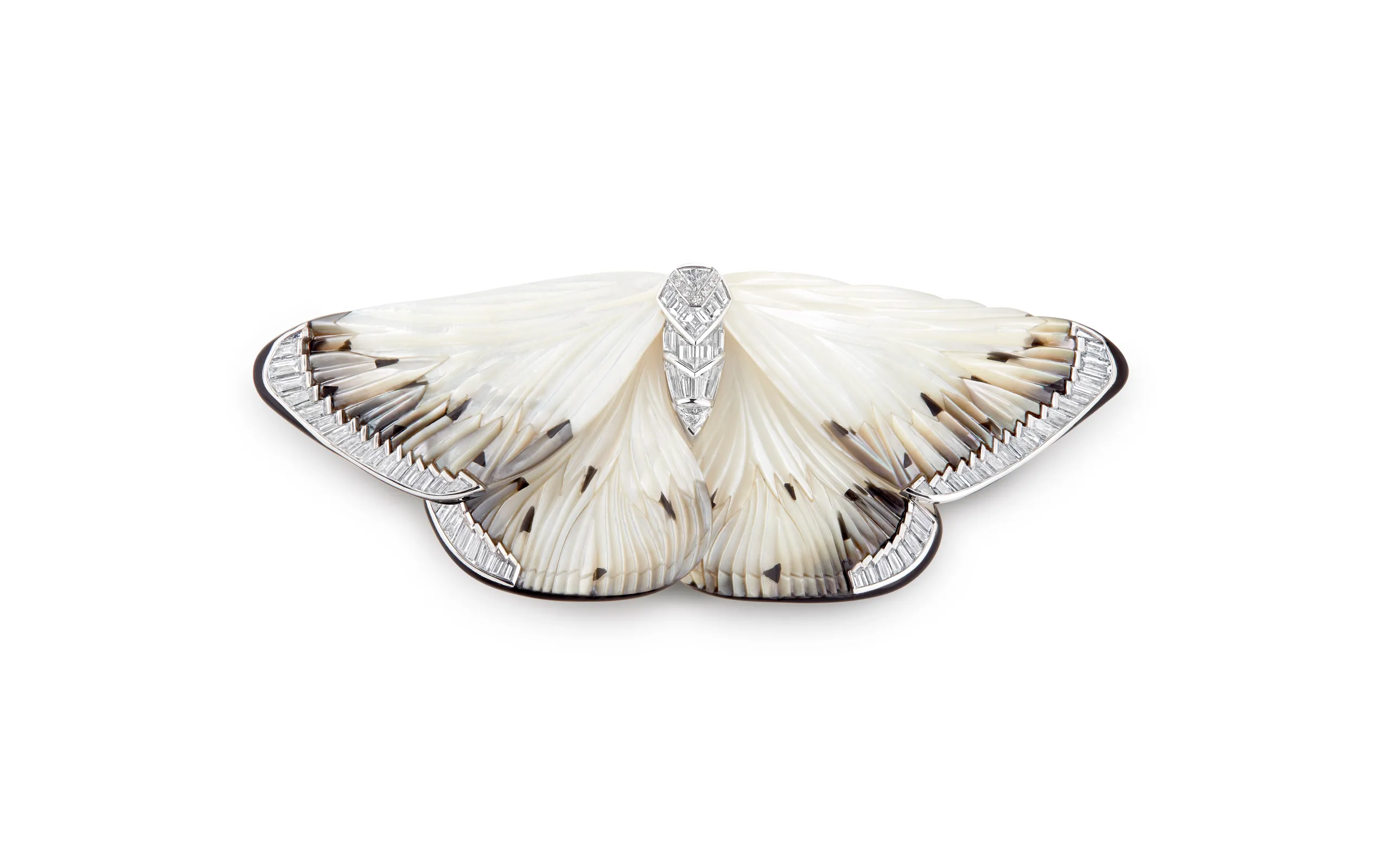 Boucheron Papillon de Nuit brooch with mother-of-pearl, diamonds and black lacquer in 18k white gold, part of the Untamed Nature Histoire de Style 2025 High Jewellery collection 