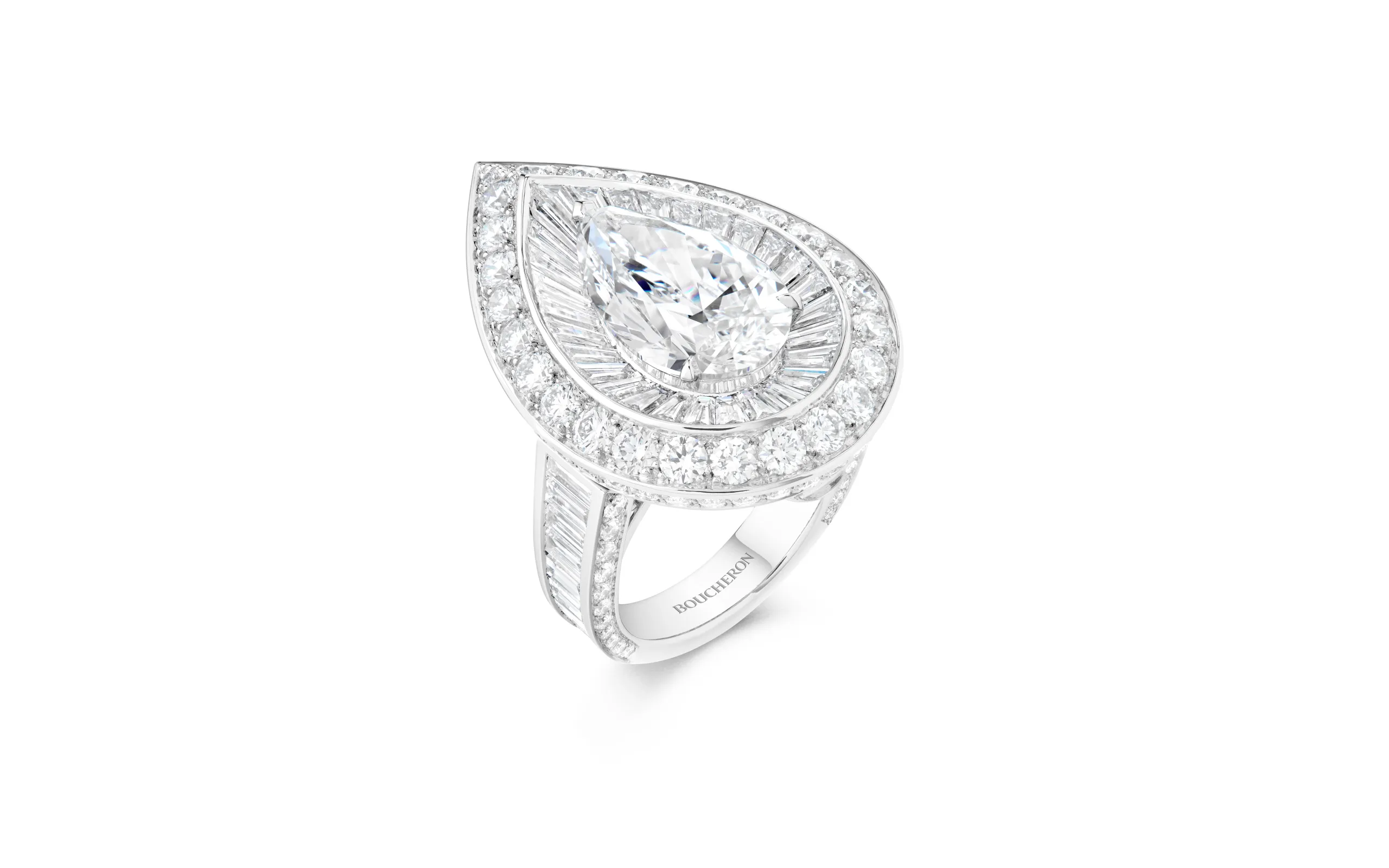 Boucheron Rosier ring set with a 6.01 carat, F-colour, VVS2 clarity pear-cut diamond and further diamonds in 18k white gold, part of the Untamed Nature Histoire de Style 2025 High Jewellery collection 