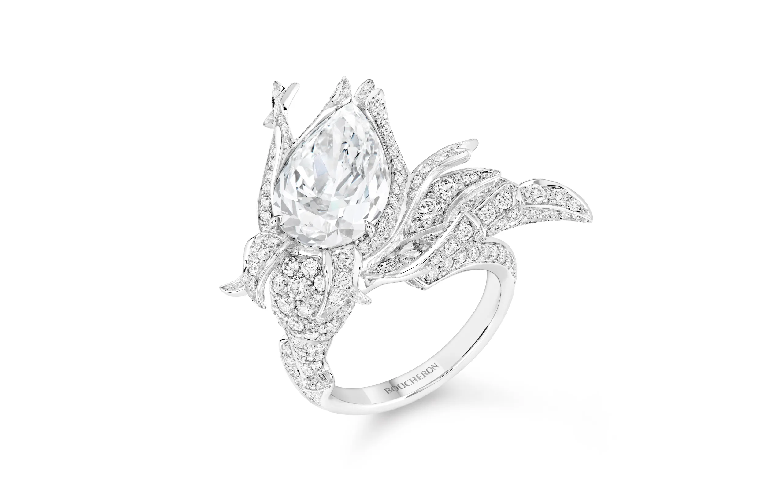 Boucheron Rosier ring with a pear-cut diamond and further diamonds in 18k white gold, part of the Untamed Nature Histoire de Style 2025 High Jewellery collection 