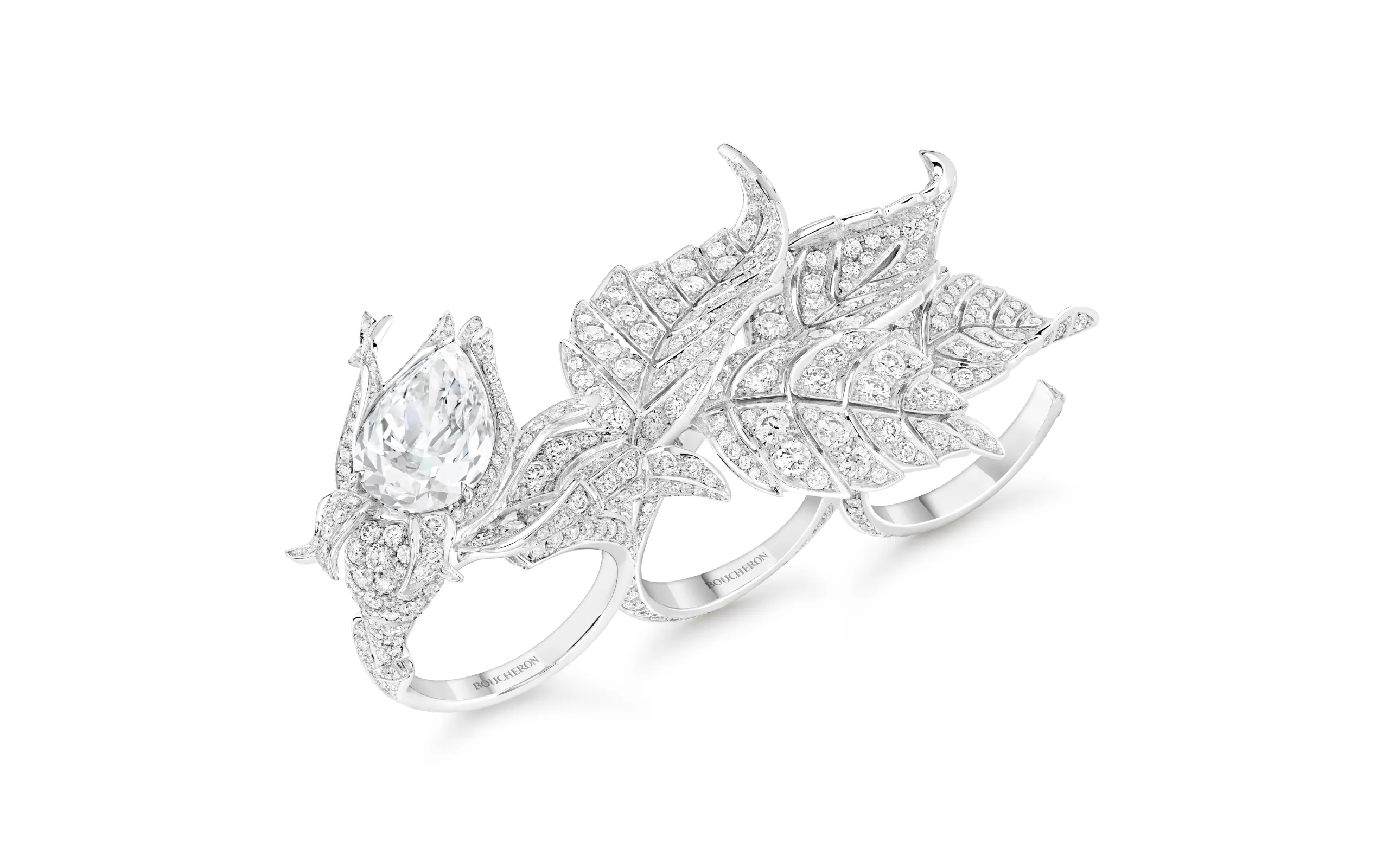 Boucheron Rosier rings (shown here together) with a large pear-cut diamond and further diamonds in 18k white gold, part of the Untamed Nature Histoire de Style 2025 High Jewellery collection 