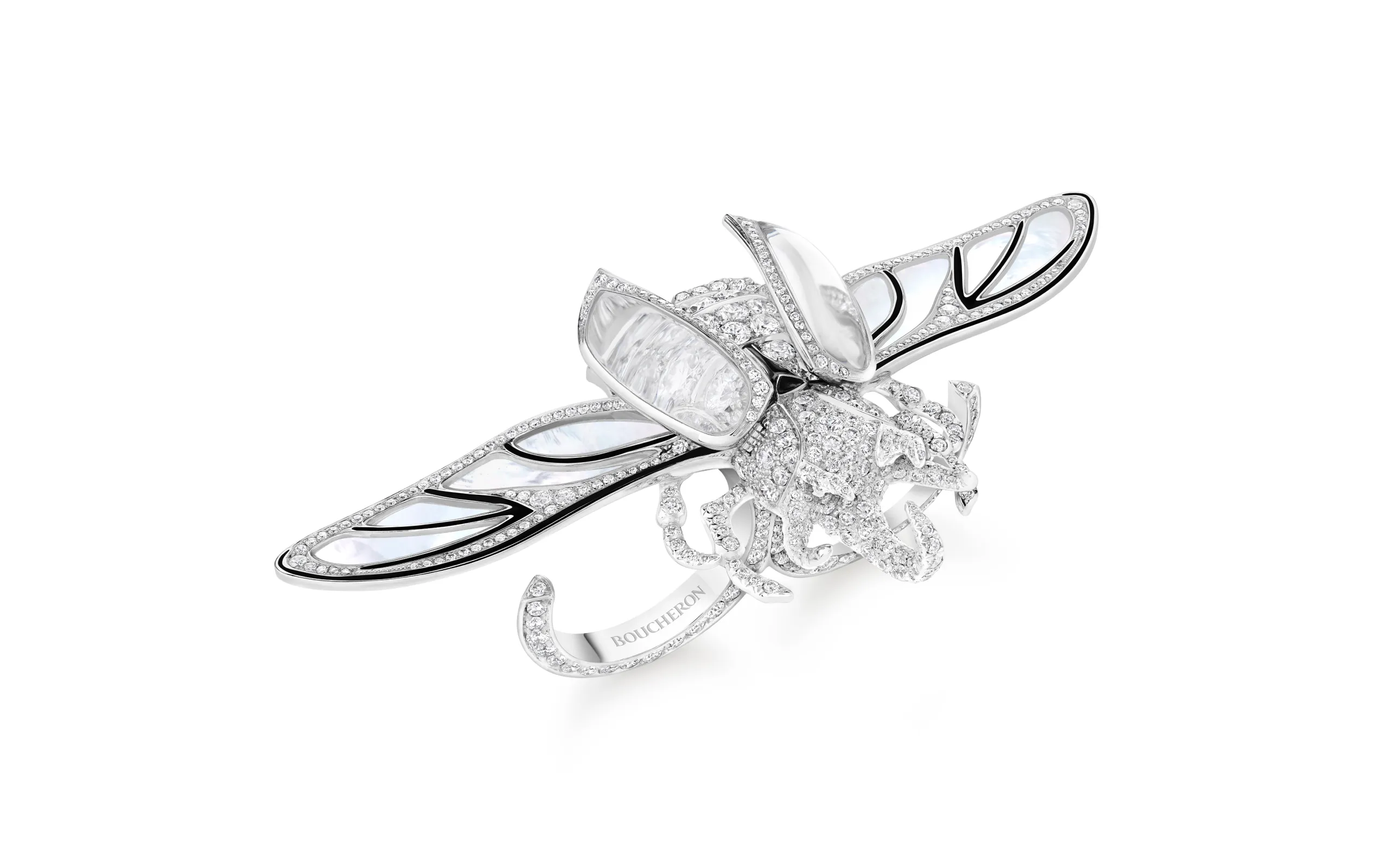 Boucheron Scarabée Rhinocéros ring with rock crystal, mother-of-pearl, black lacquer and diamonds in 18k white gold, part of the Untamed Nature Histoire de Style 2025 High Jewellery collection 