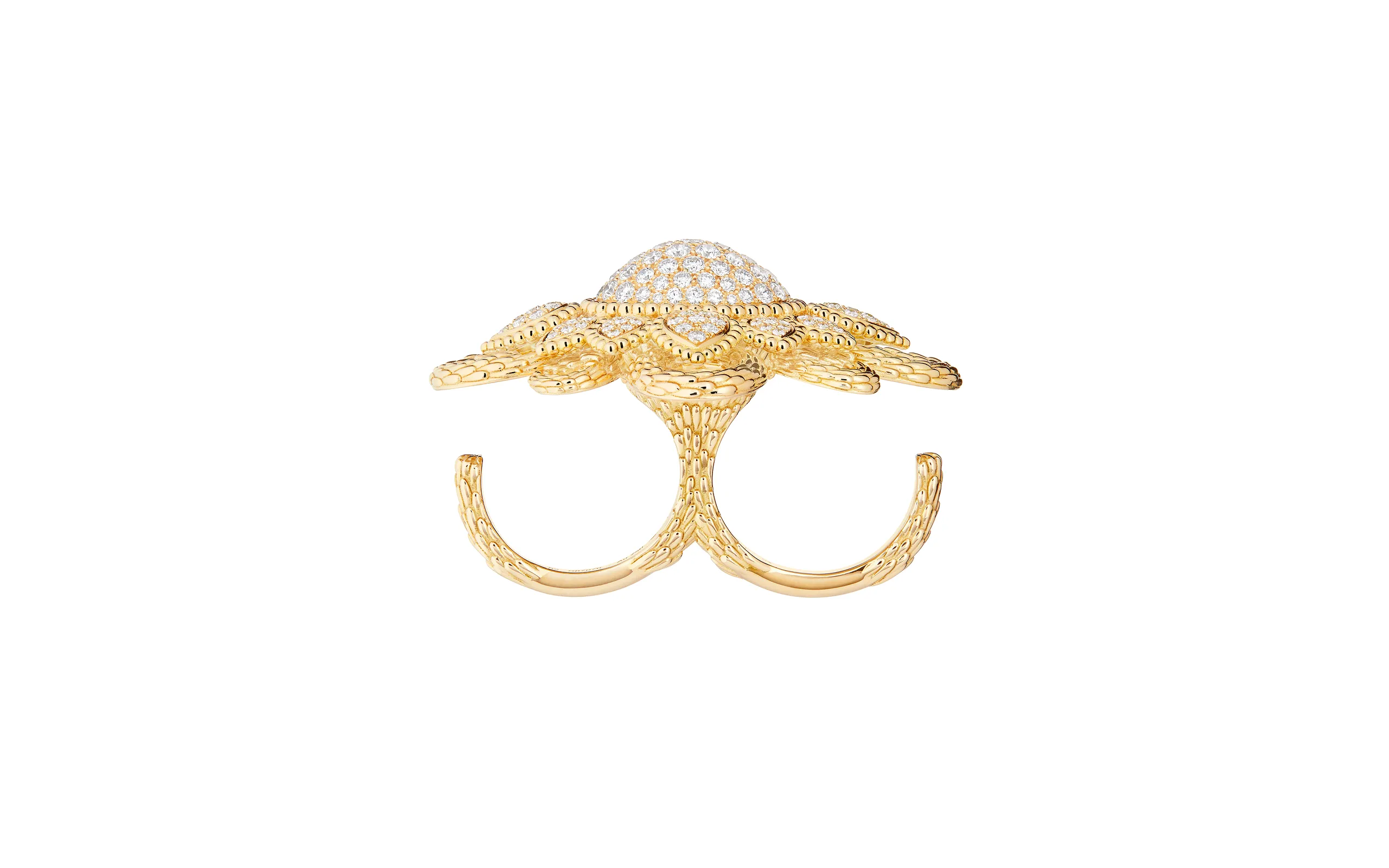 Serpent Bohème Vintage double-finger ring paved with diamonds in yellow gold