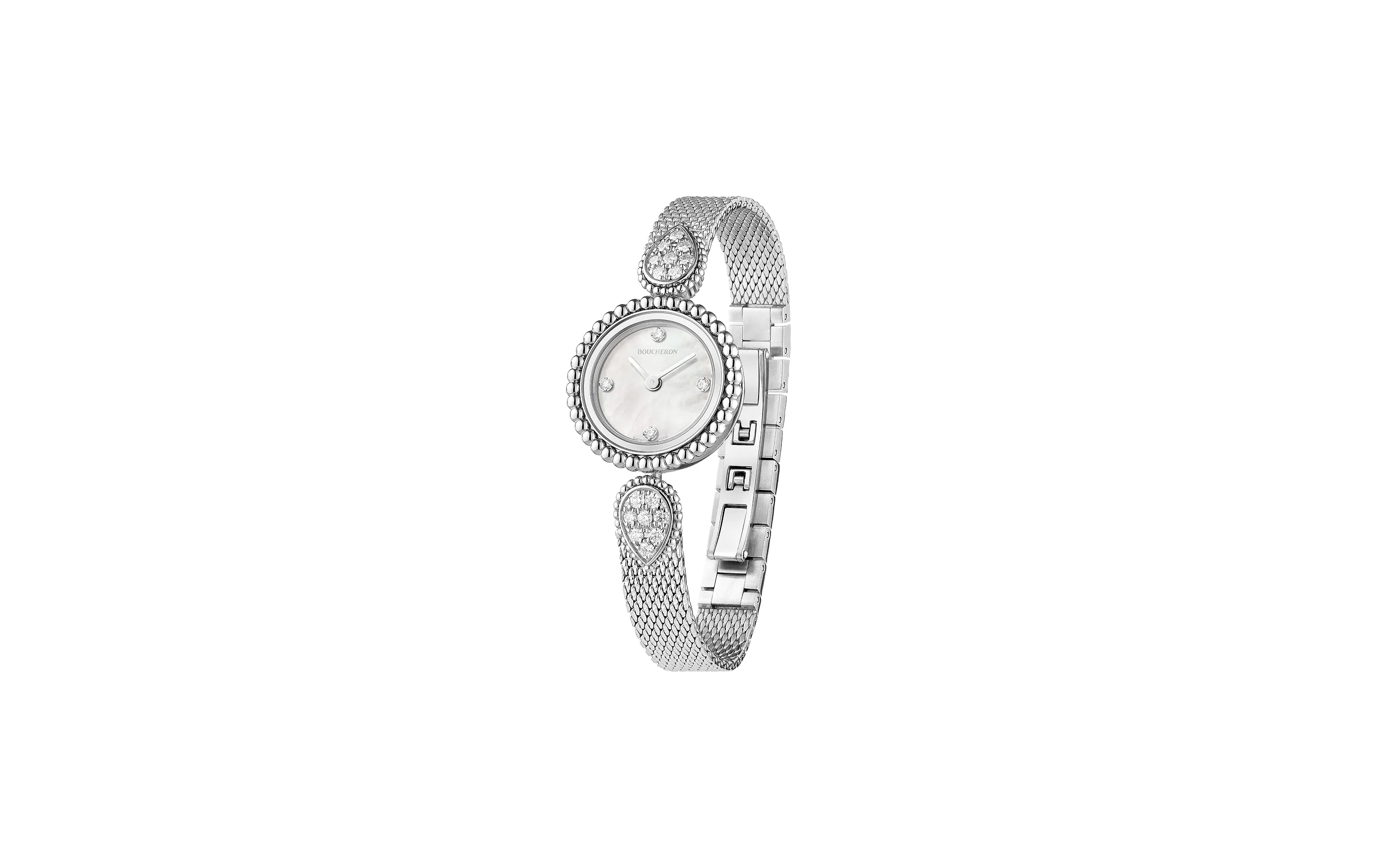 Serpent Bohème watch with diamonds, white mother-of-pearl dial and steel bracelet