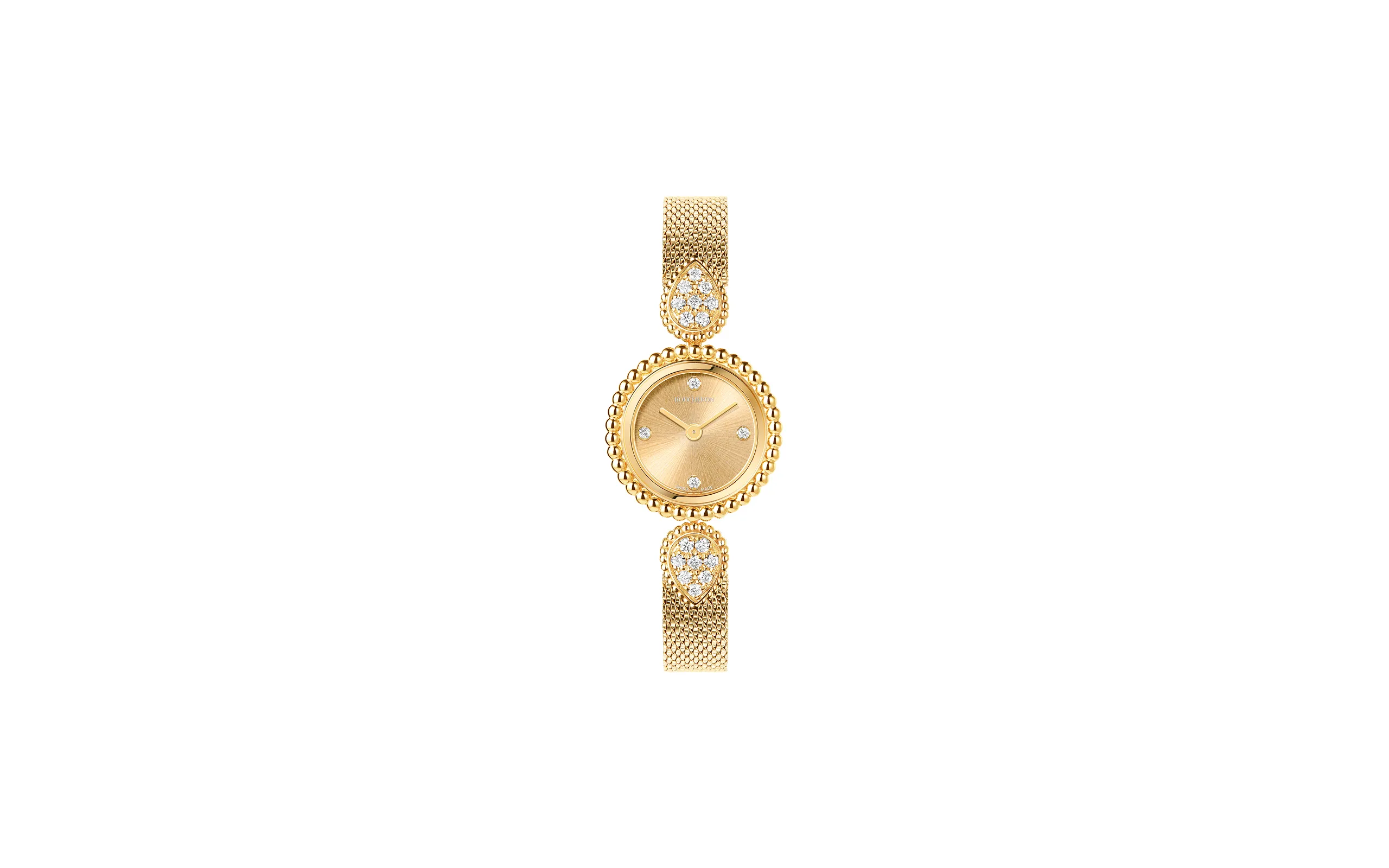 Serpent Bohème watch with diamonds, sunray-brushed dial, and yellow gold bracelet
