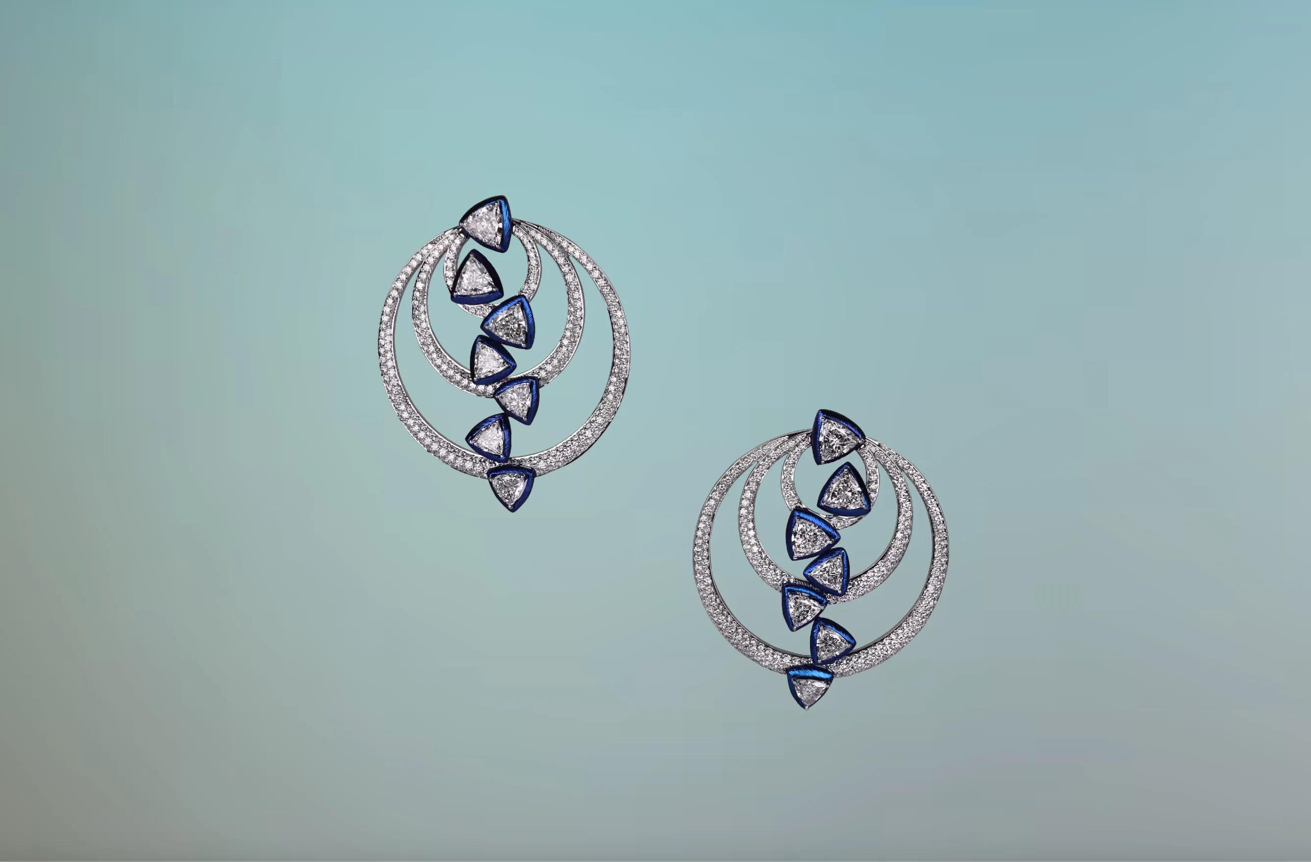 Benoi Jewels Follow You earrings with round brilliant- and trillion-cut diamonds accented with blue titanium 