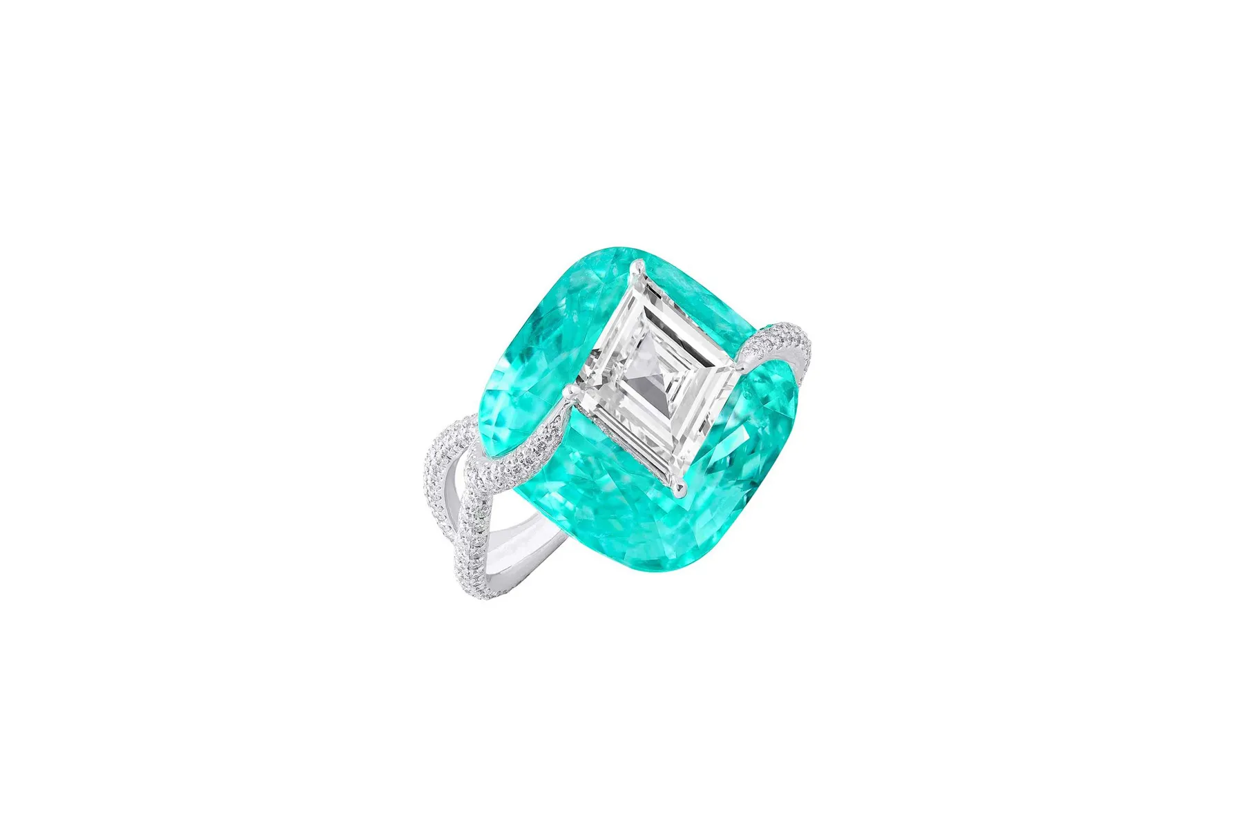<p>Boghossian ring with Paraiba tourmaline and inlaid step cut kite shape diamond, with accenting diamonds</p>