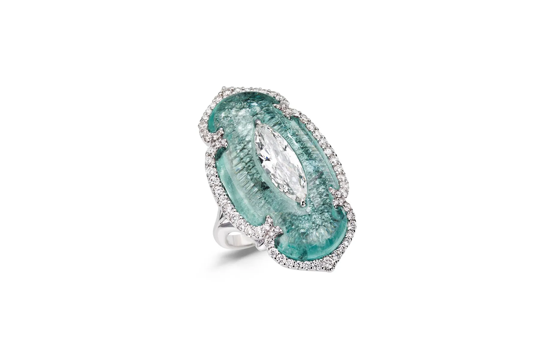 <p>Boghossian ring with marquise cut diamond inlaid in fantasy cut Paraiba tourmaline, accented with diamonds</p>