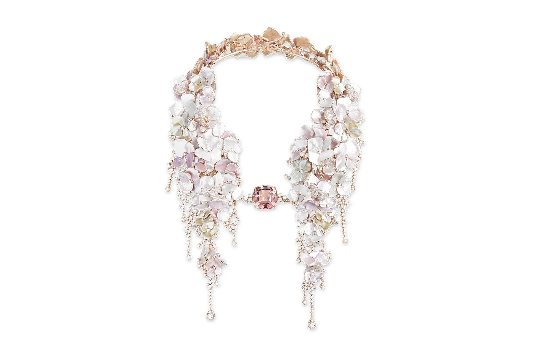 <p>Boucheron ‘Nuage de Fleurs’ necklace with 42.96 carat cushion cut pink tourmaline, mother of pearl and pave set diamonds in rose gold</p>
