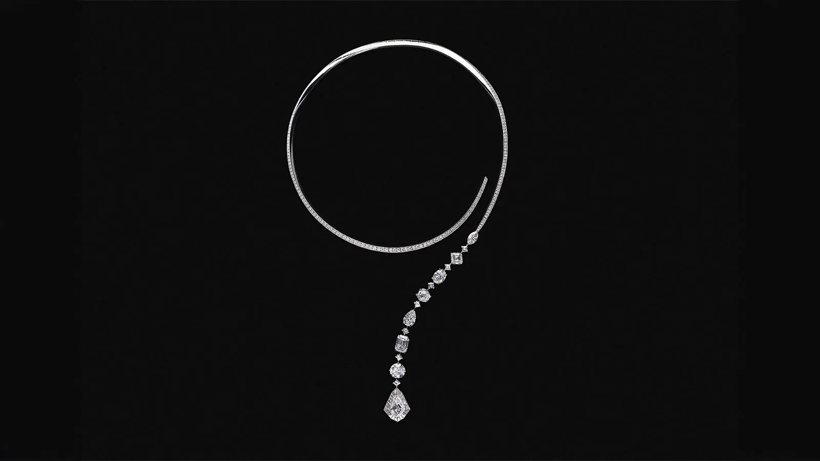 <p>The Spark Question Mark necklace in the Boucheron Histoire de Style ‘Nom: Boucheron Prénom: Frédéric’ High Jewellery collection is set with eight hero diamonds with geometric cuts, including a 5.01-carat kite-shaped diamond</p>