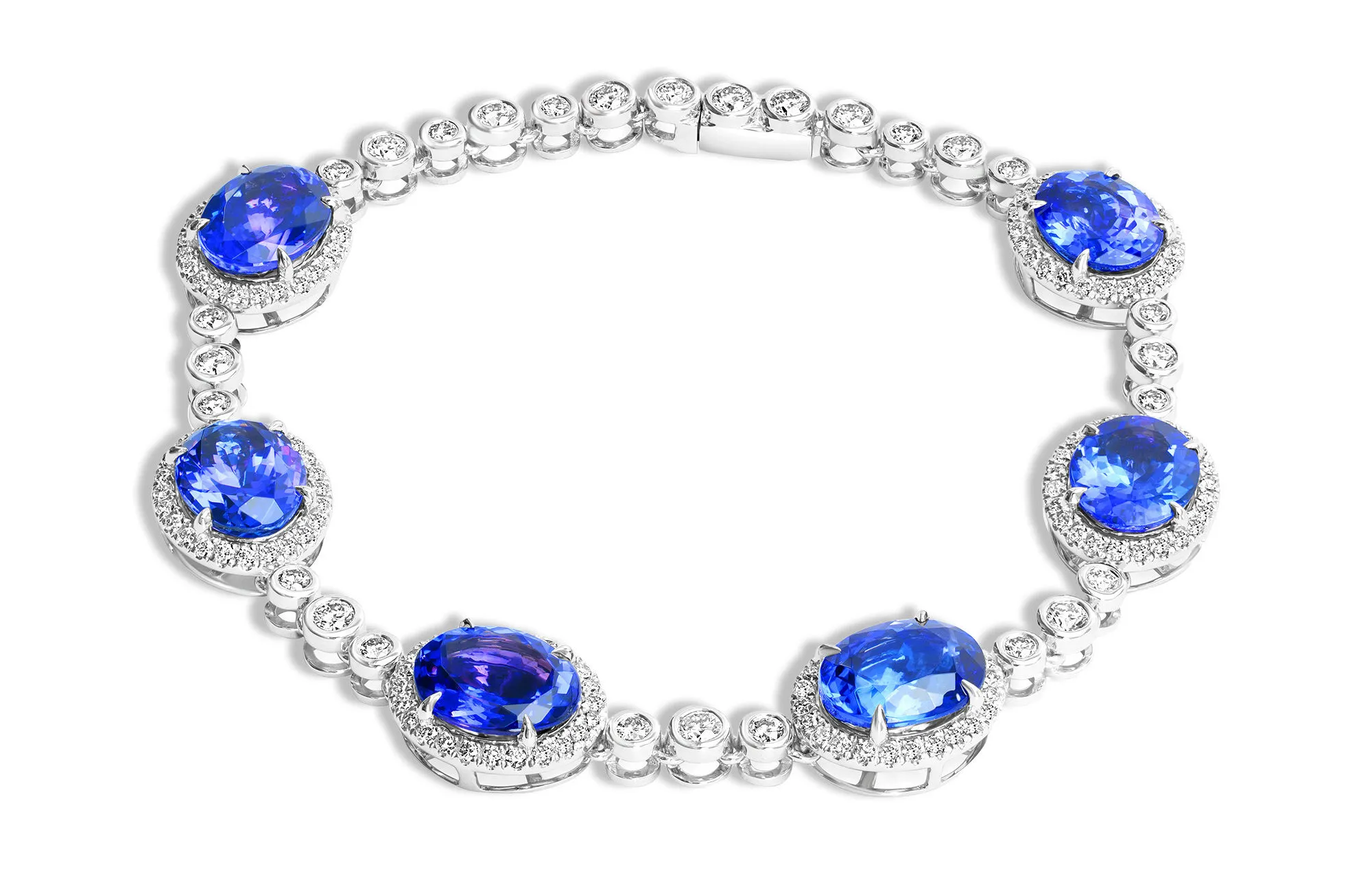 Royal Touch Group bracelet with 16.85 total carats of oval-shaped tanzanites and 2.258 carats of diamonds, set in 14k white gold