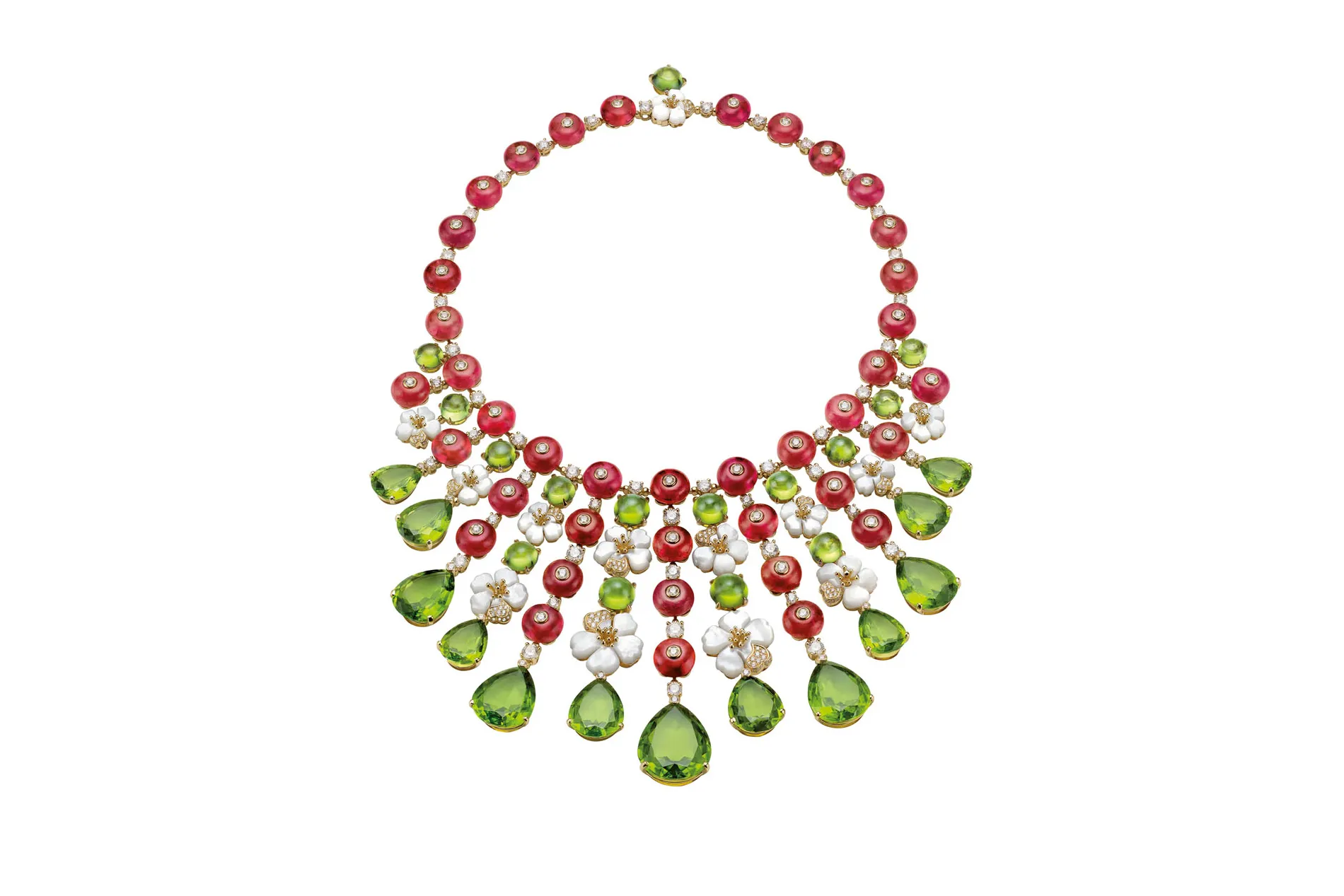 <p>Bulgari ‘Giardini Italiani’ necklace with peridot, mother of pearl, diamonds and rubies in 18k white gold</p>
