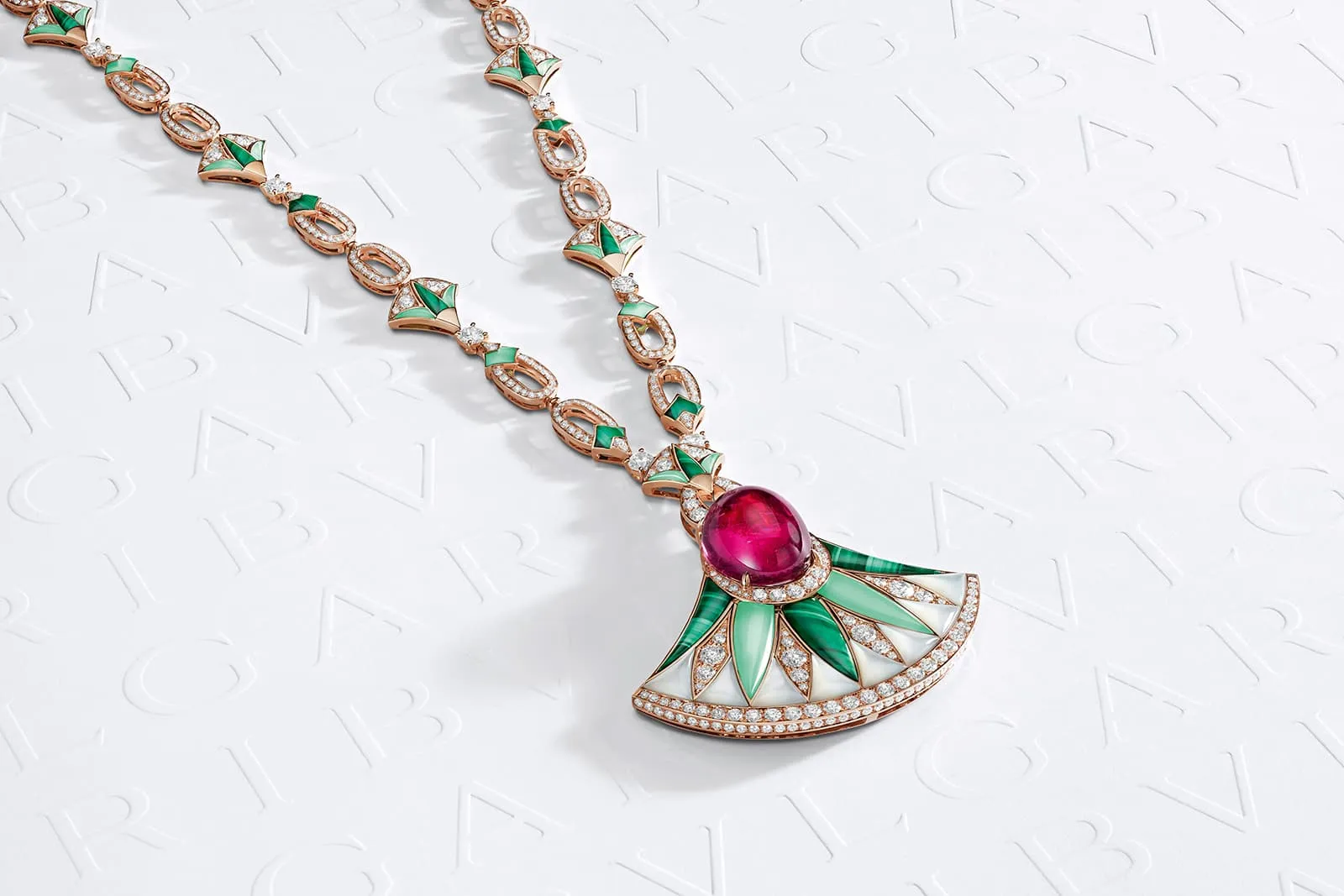 Bulgari Magnifica Flower Fantasy High Jewellery necklace with mother of pearl, chrysoprase, malachite, diamonds and a 29.77 carat rubellite cabochon