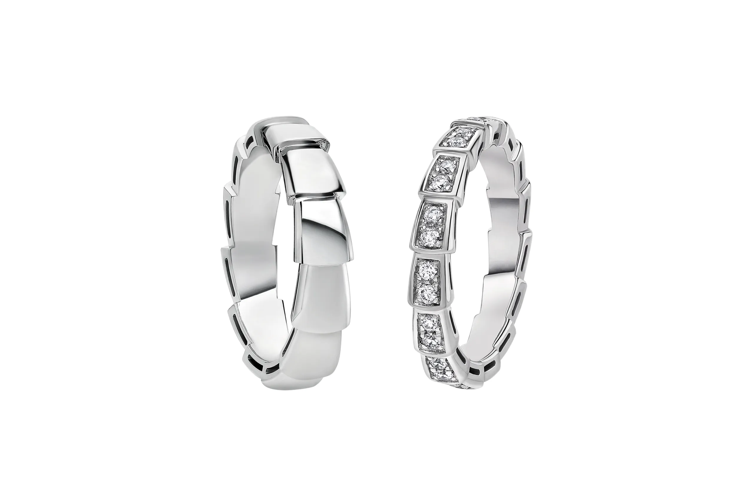 Bvlgari Serpenti Viper couples' rings in 18K white gold, one with diamonds, one without. 