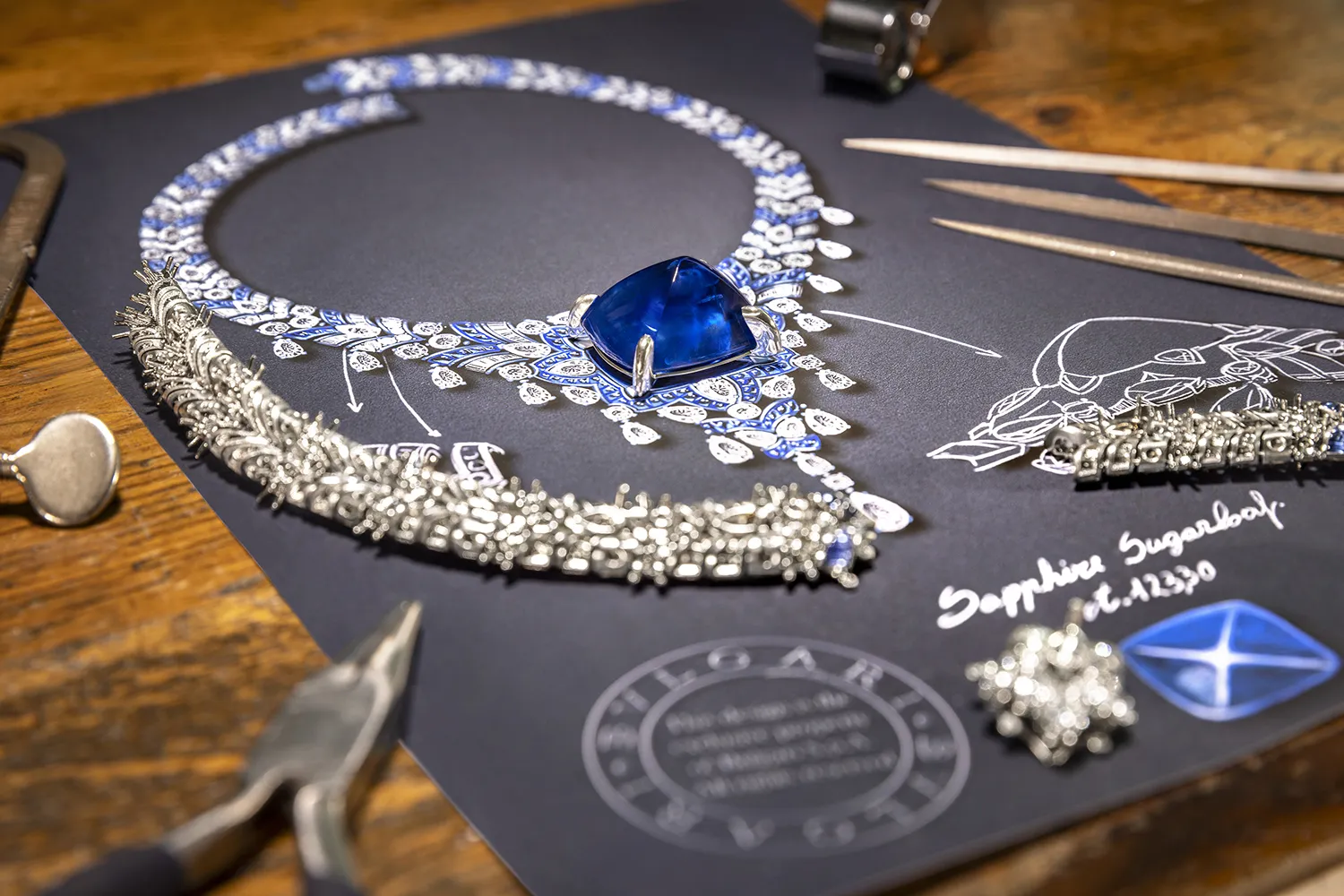 The Bvlgari Cosmic Vault necklace features a royal blue sugarloaf Sri Lankan sapphire of 123.35-carats, alongside 13 diamond drops and 331 custom-cut blue sapphires 