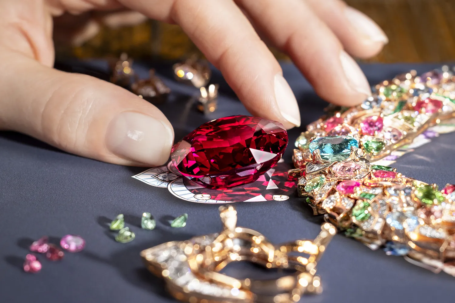 Designing the Bvlgari Celestial Mosaic necklace with a 131.21-carat spinel surrounded by turquoise tourmalines, emeralds, onyx and diamonds, from the Polychroma High Jewellery collection