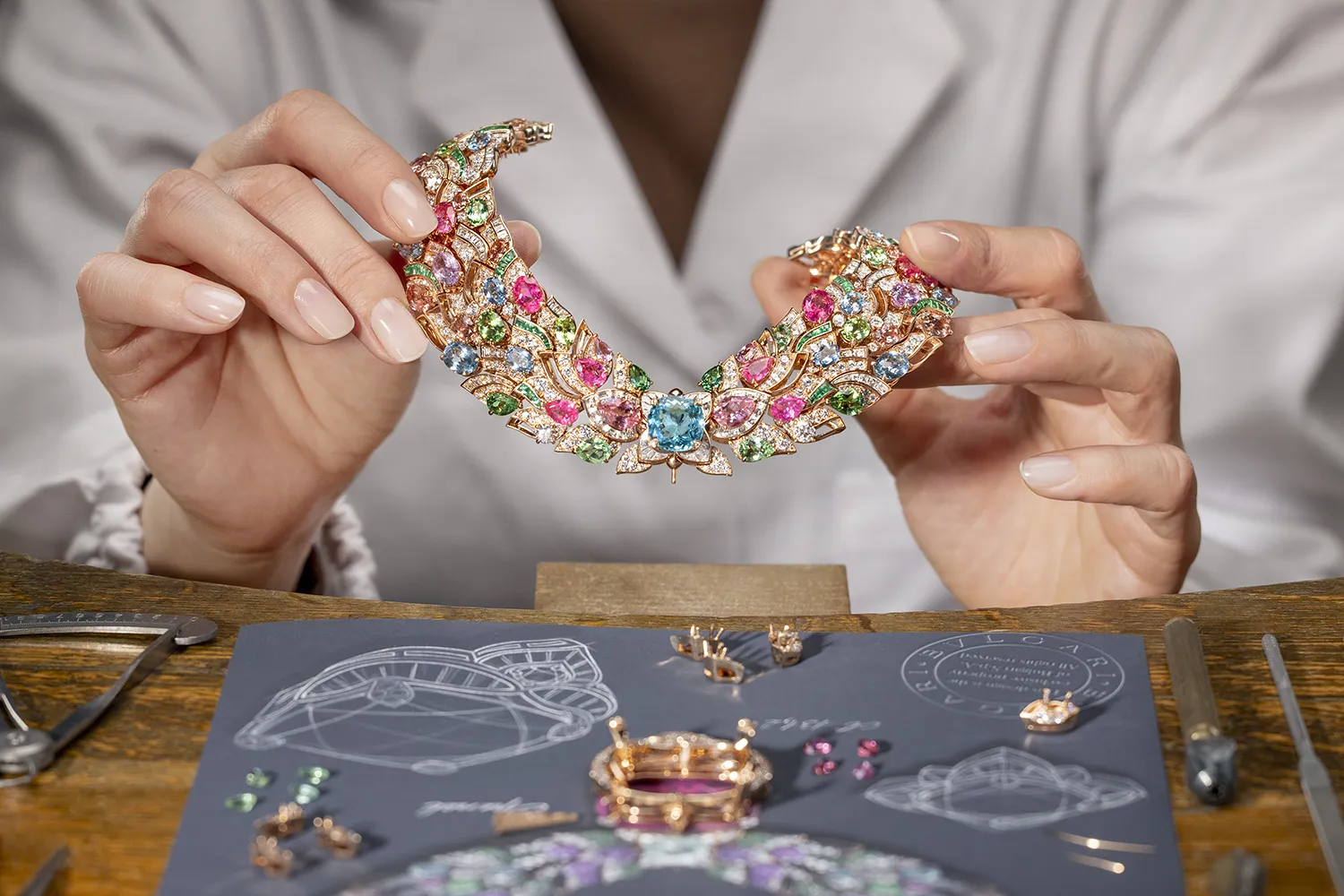 Showcasing the multi-coloured mineral canvas of the Bvlgari Celestial Mosaic necklace without its statement 131.21-carat spinel drop