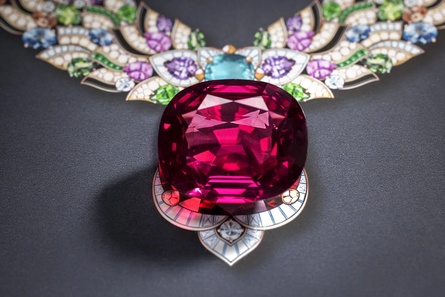 A closer look at the world’s fourth largest spinel of this extraordinary quality – weighing 131.21-carats – that now features in the Bvlgari Celestial Mosaic necklace, part of the Polychroma High Jewellery collection