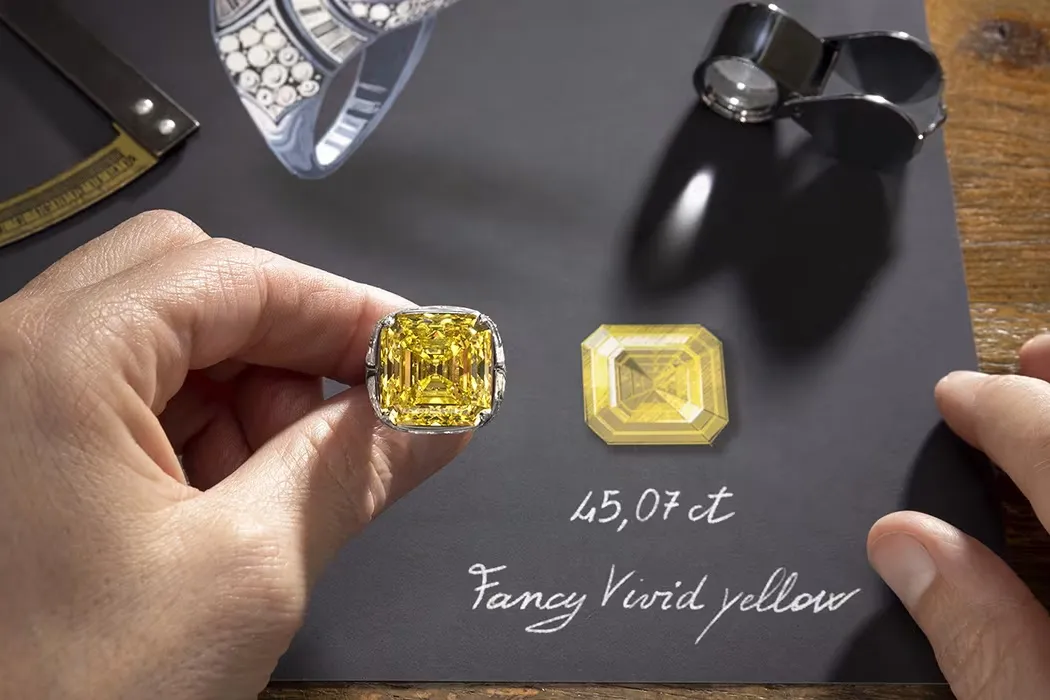 Bvlgari Essence of Yellow ring with an Asscher-cut 45-carat vivid yellow diamond and step-cut diamonds, from the Polychroma High Jewellery 2025