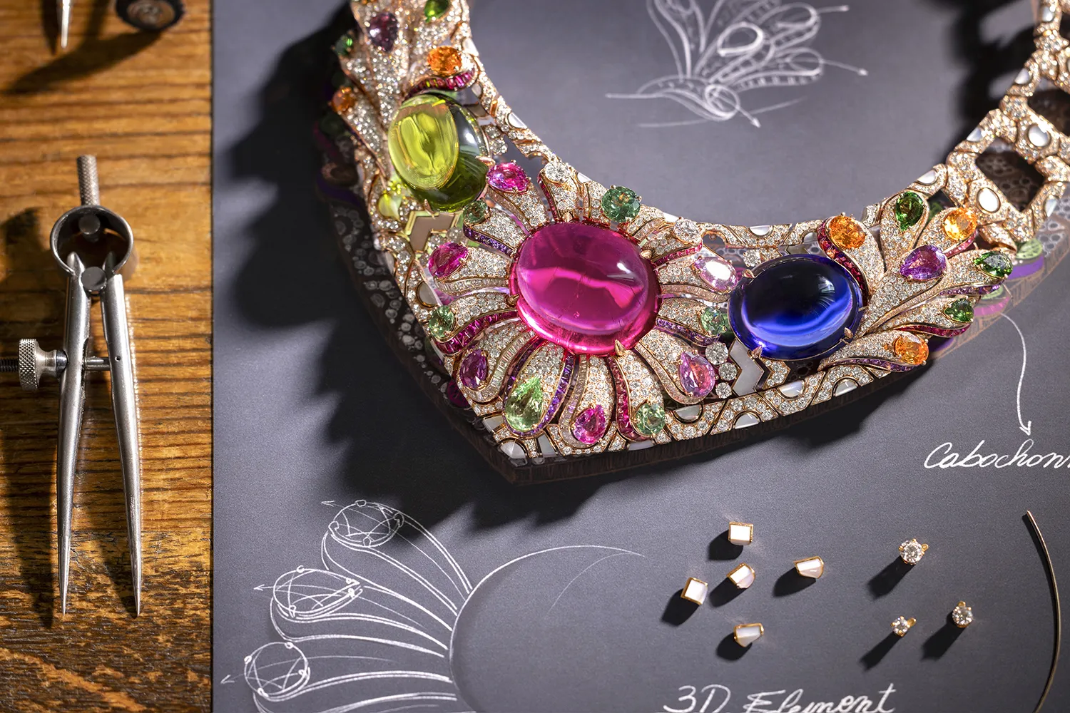 A closer look at the Bvlgari Polychromatic Bloom necklace with a 106.36-carat rubellite, a 55.52 carat peridot and a 55.11 carat tanzanite set in pink gold, from the Polychroma High Jewellery collection