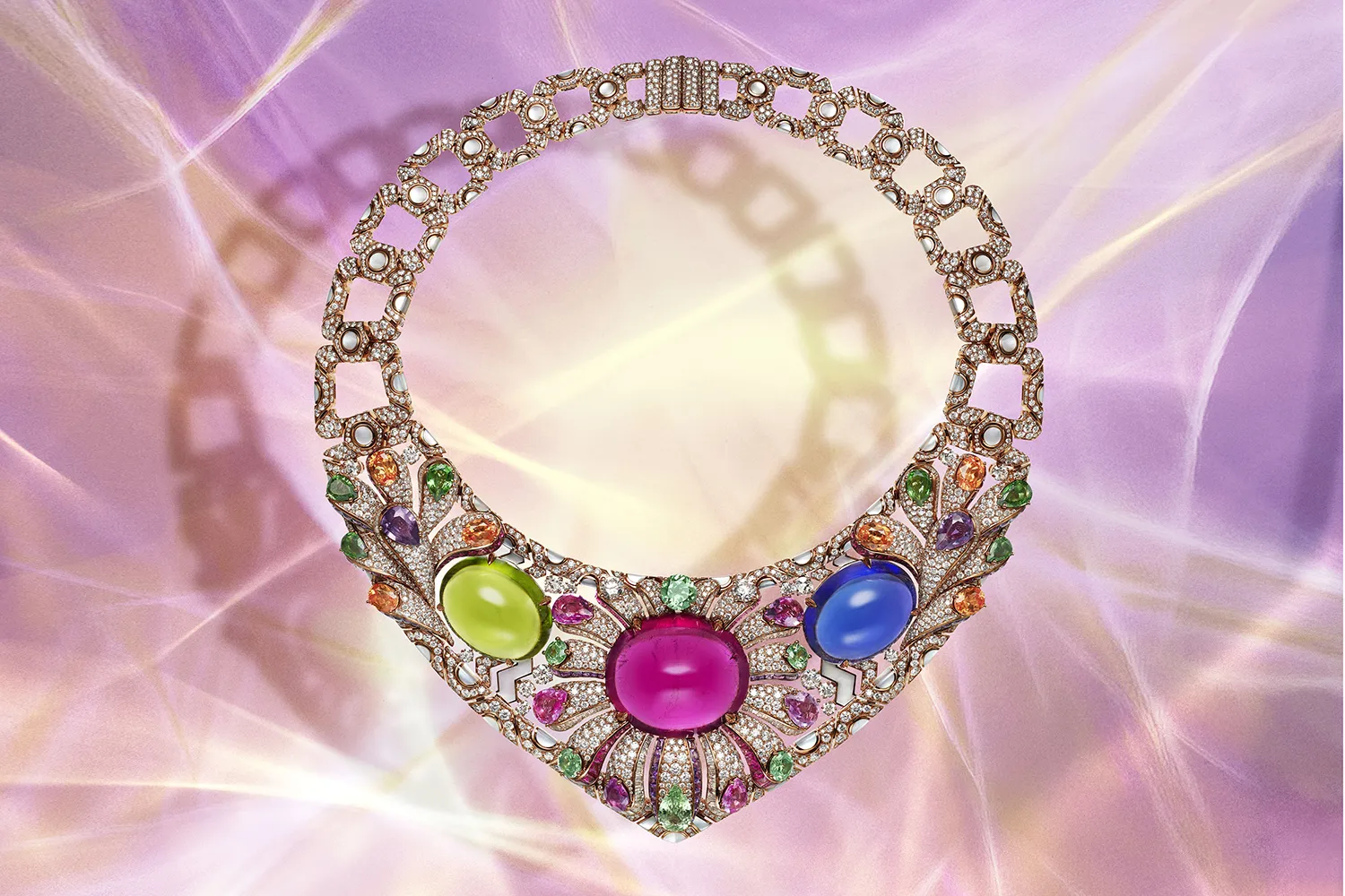 Bvlgari Polychromatic Bloom necklace with a 106.36-carat rubellite, a 55.52 carat peridot and a 55.11 carat tanzanite set in pink gold, from the Polychroma High Jewellery collection