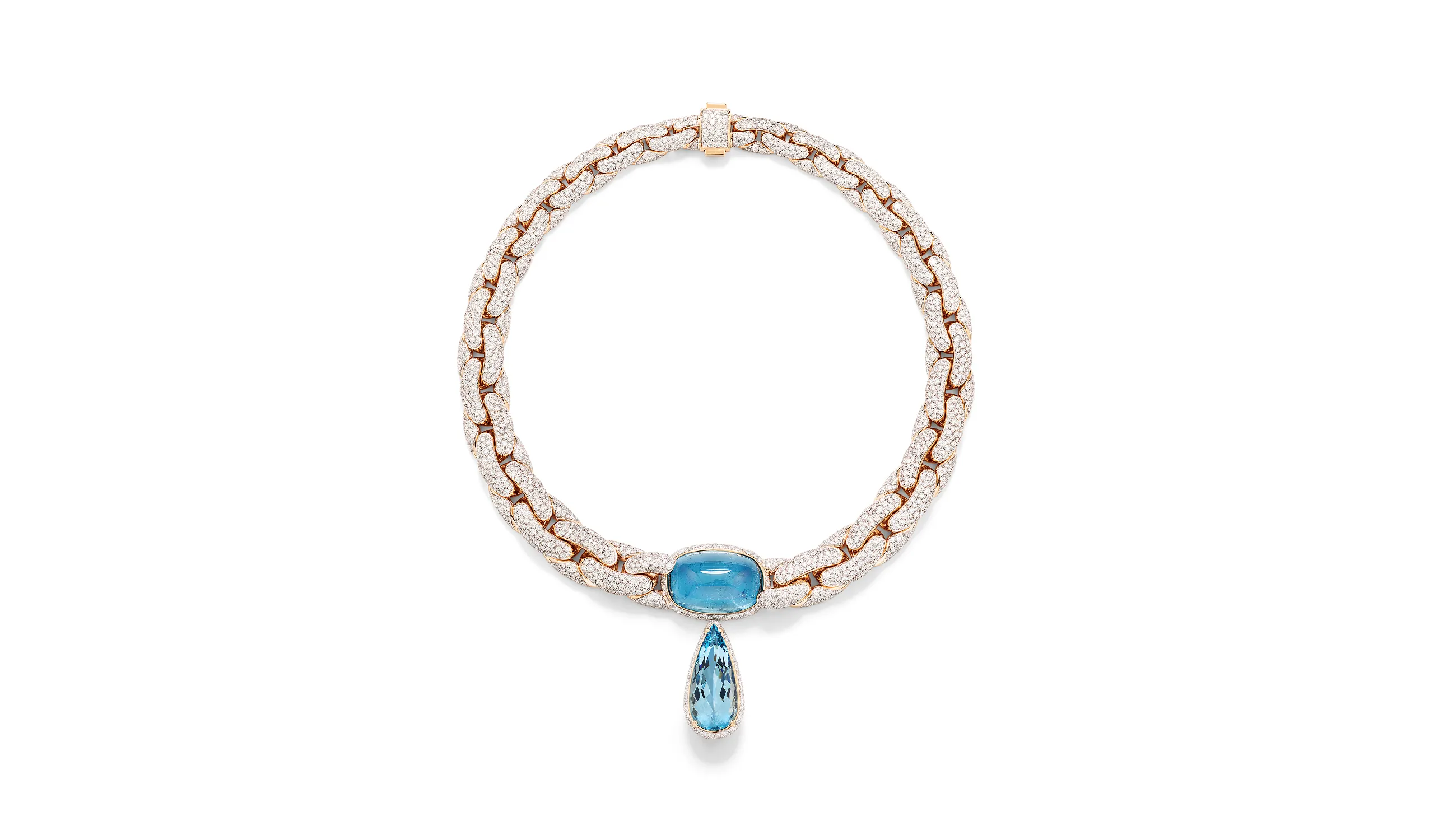 Pomellato Aquamarine Dream necklace with a 37.98-carat aquamarine cabochon and a pear-shaped aquamarine drop of 15.95 carats, part of the ‘Collezione 1967’ High Jewellery collection