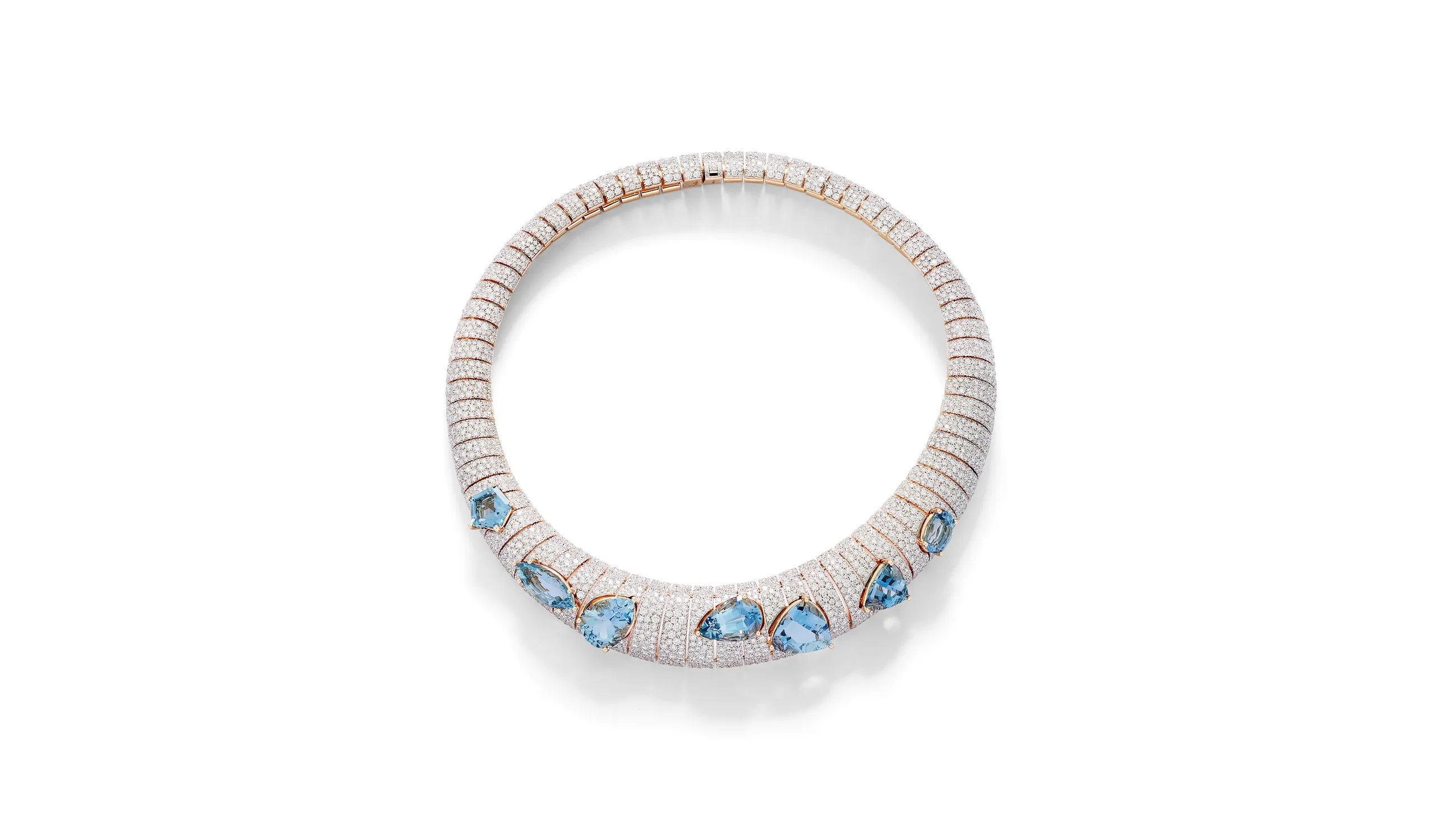 Pomellato Asimmetrico necklace with aquamarines and pavé-set diamonds, from the 'Collezione 1967' High Jewellery collection