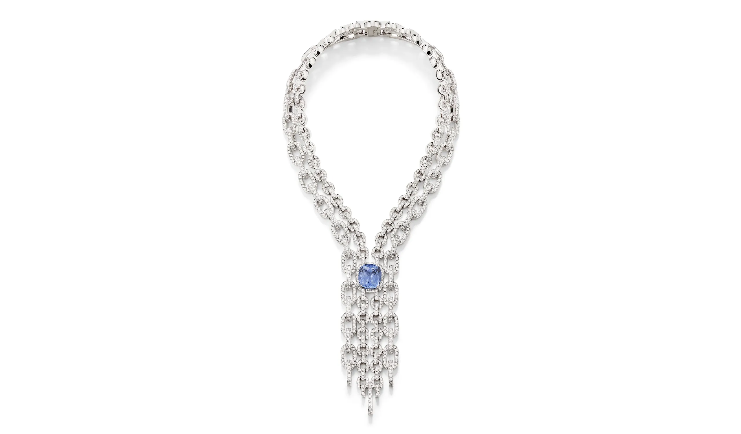 Pomellato Blue Chain Cascade necklace with round and oval-shaped links leading to a 22.23 carat Ceylon sapphire, part of the ‘Collezione 1967’ High Jewellery collection