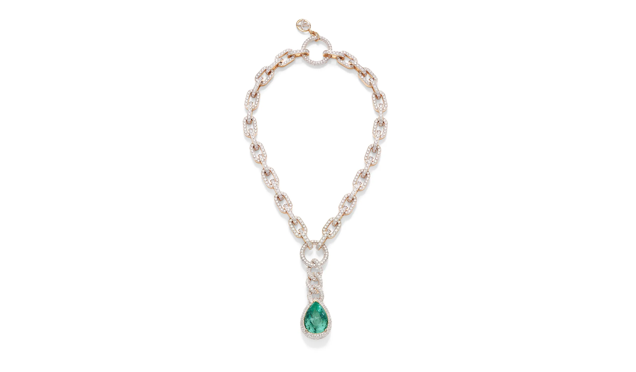 Pomellato Chain Drop necklace with a pear-shaped Paraiba tourmaline and diamonds, part of the 1970s-inspired chapter of the 'Collezione 1967' High Jewellery collection