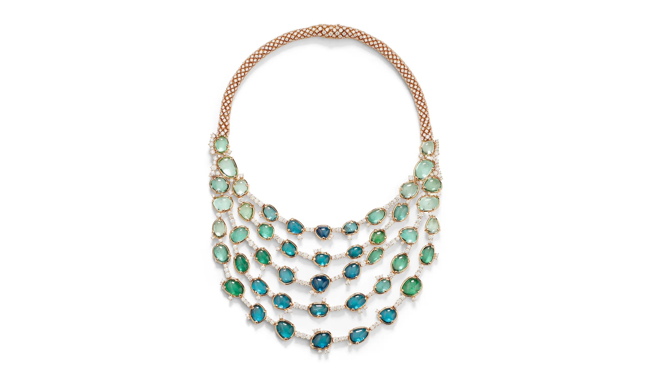 Pomellato Lagoon Bavarole necklace with 47 irregular cut green tourmalines on a diamond pavé-set rope chain, part of the ‘Collezione 1967’ High Jewellery collection