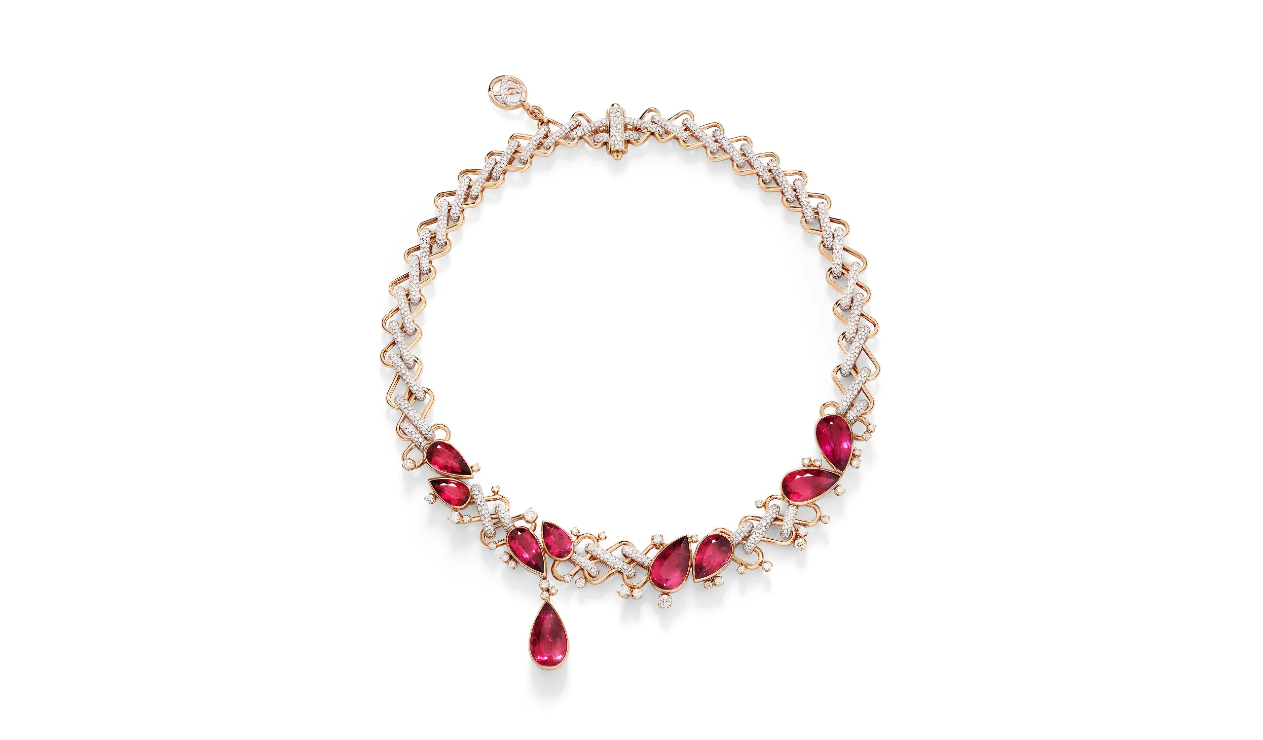 Pomellato Riviere Zigzag necklace with 50.85 carats of pear-shaped rubellites and diamonds, part of the 1980s-inspired chapter of the 'Collezione 1967' High Jewellery collection