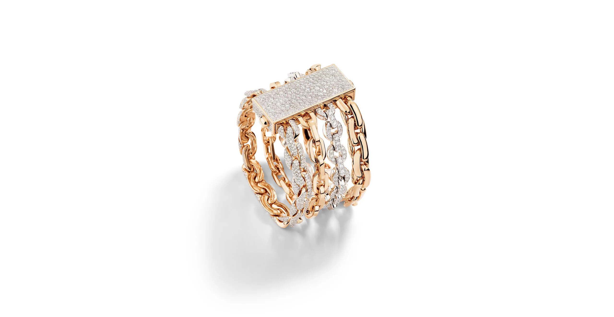 Pomellato The Art of Chains bracelet with four distinctive chains in rose gold, white gold and pavé-set diamonds, part of the 'Collezione 1967' High Jewellery collection