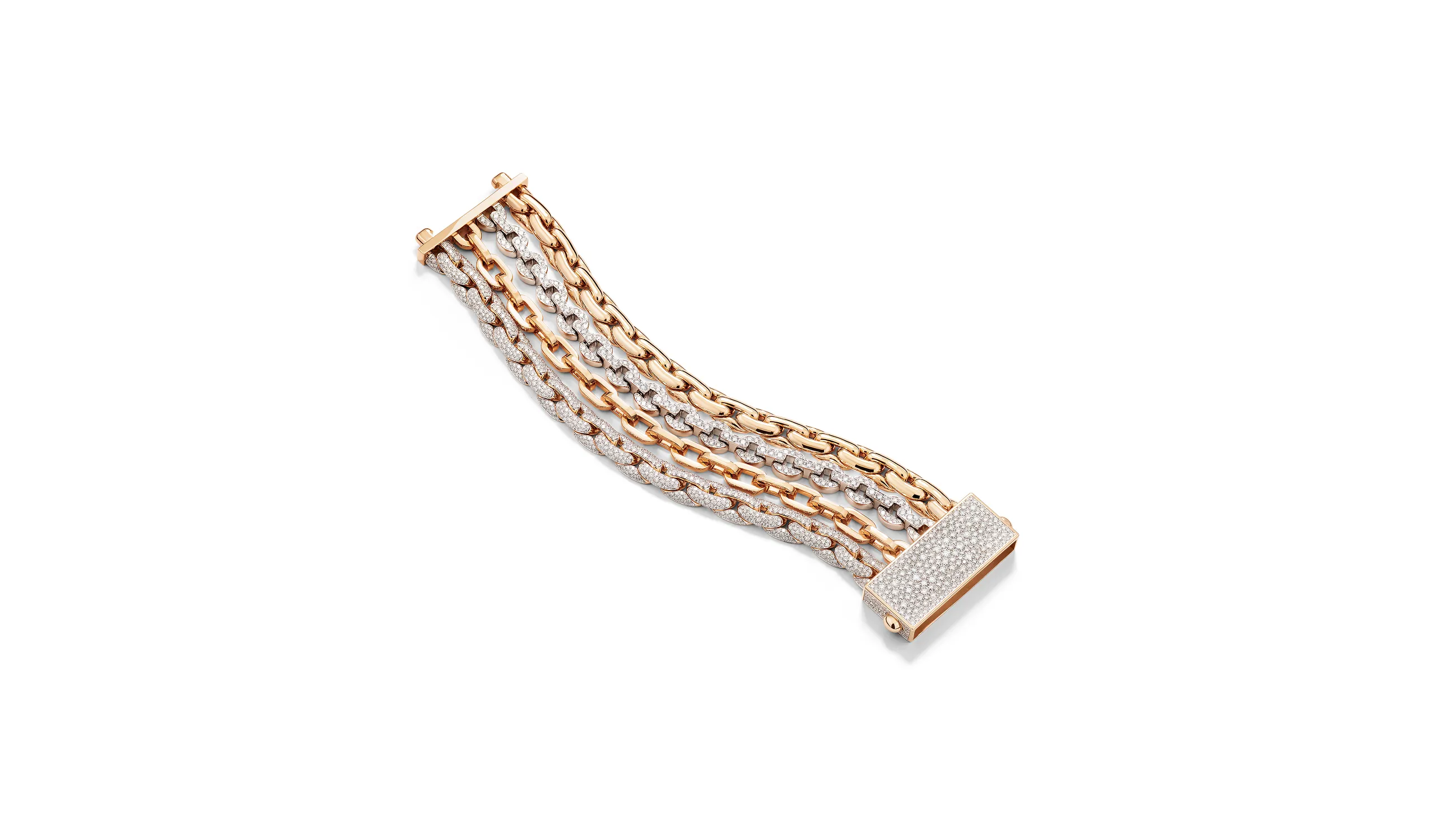 The Art of Chains bracelet incorporates four distinctive chains in rose gold, white gold and pavé-set diamonds, connected by a rectangular-shaped pavé diamond clasp, part of the Pomellato ‘Collezione 1967’ High Jewellery collection