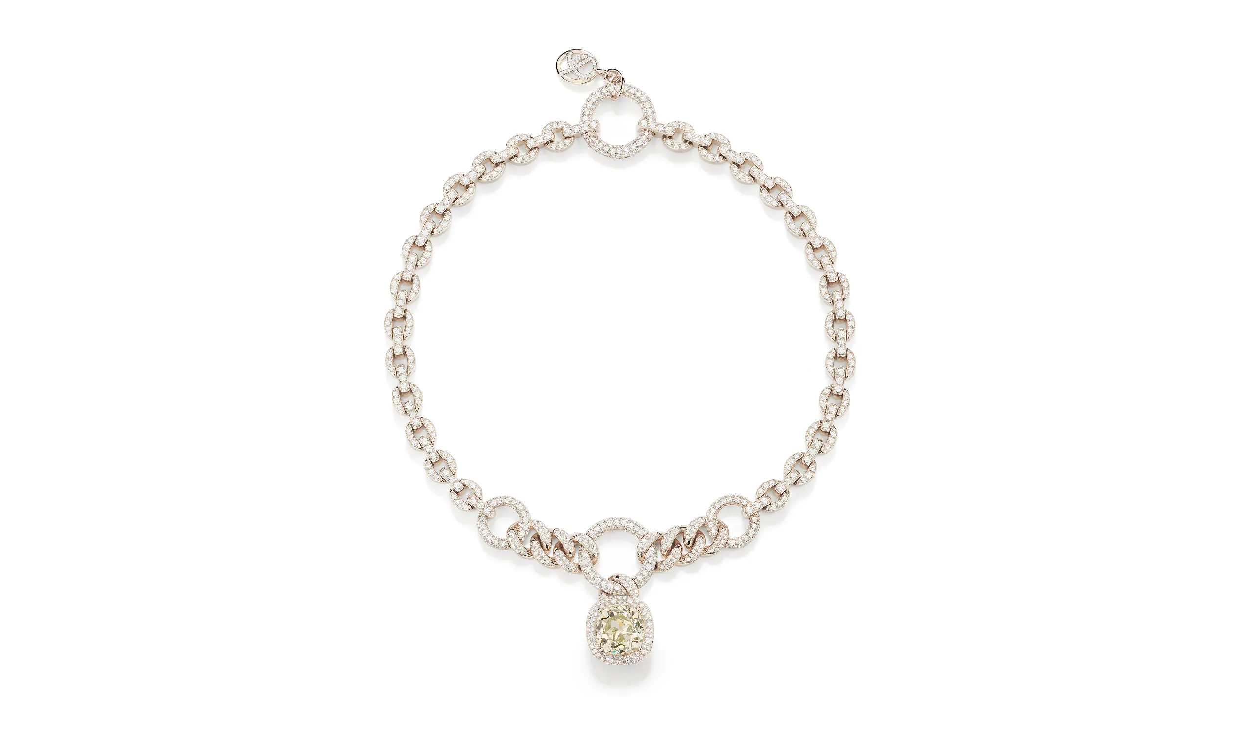 Pomellato Yellow Diamond Moon necklace with a 12-carat fancy light yellow diamond set on a diamond-pavé gourmette and round link chain, part of the 'Collezione 1967' High Jewellery collection
