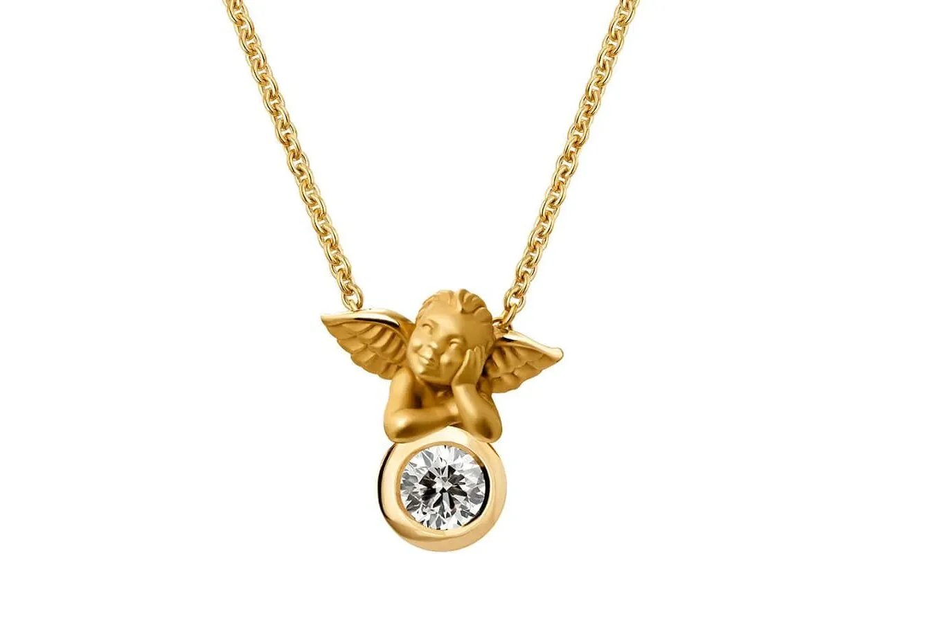 Carrera y Carrera round brilliant-cut diamond solitaire pendant with a perched cupid-style cherub in 18k yellow gold from the My Angel collection
