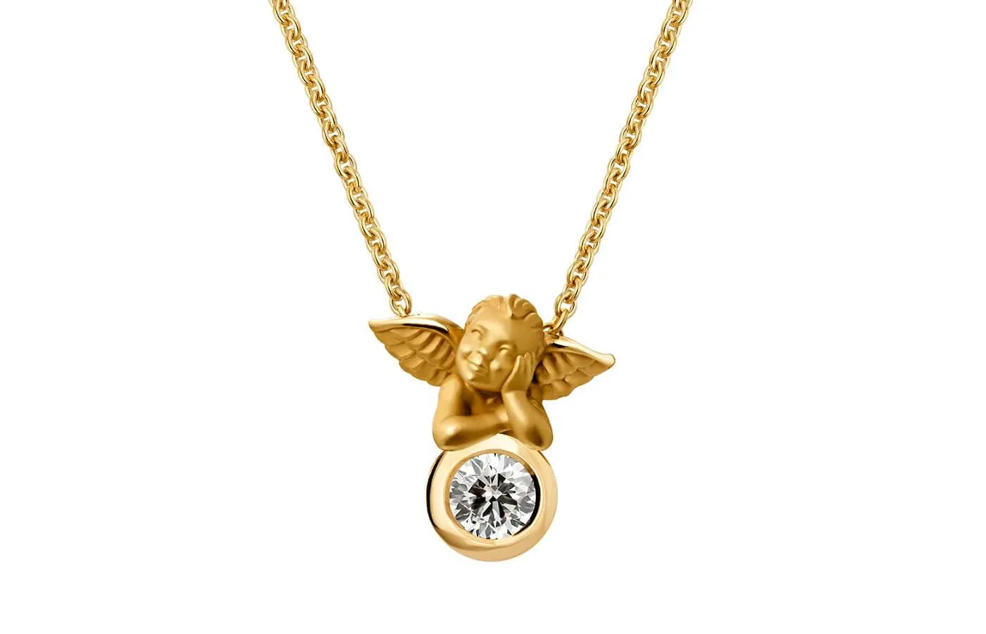 Carrera y Carrera round brilliant-cut diamond solitaire pendant with a perched cupid-style cherub in 18k yellow gold from the My Angel collection