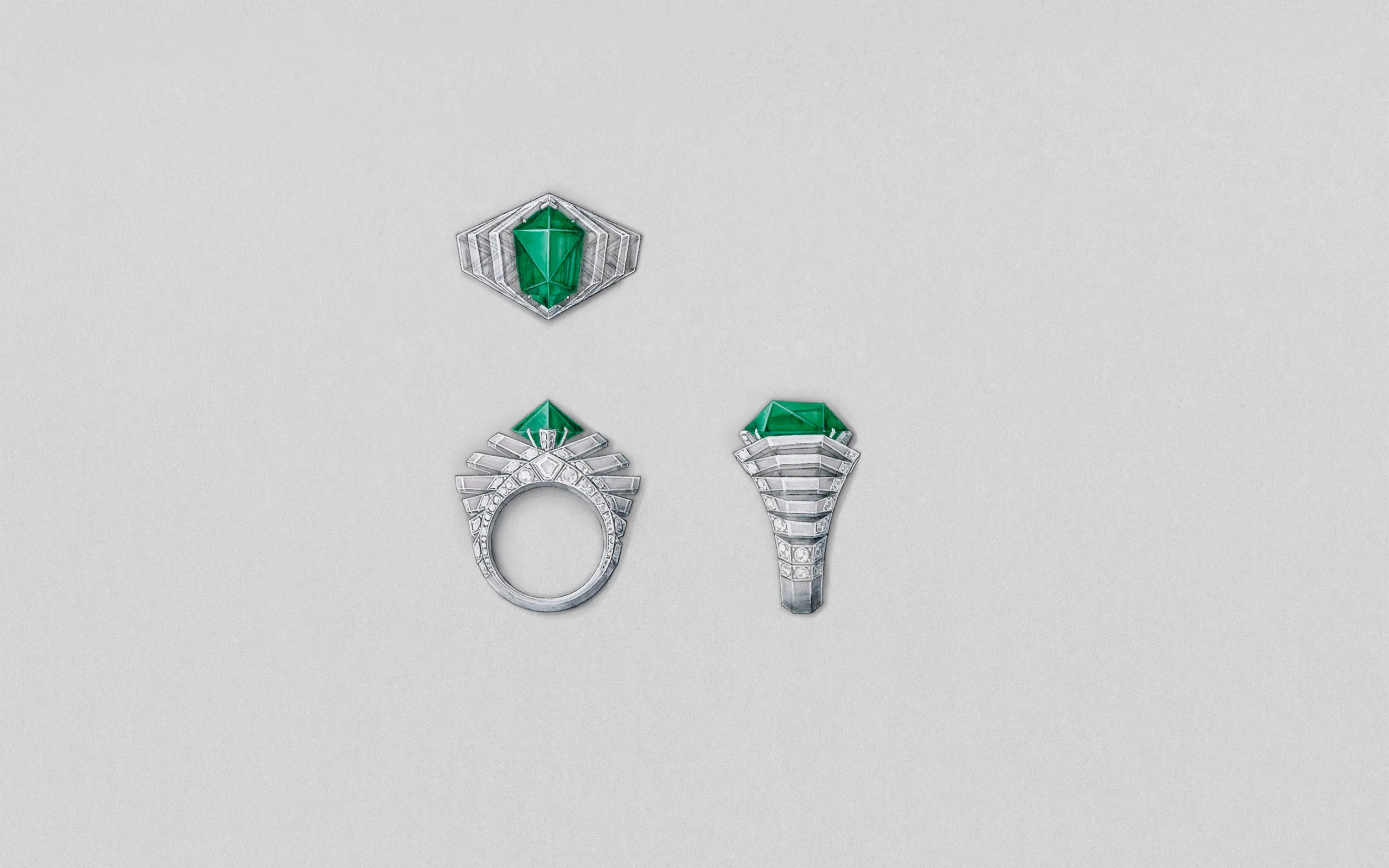Cartier Scalera ring with a 6.12-carat Zambian emerald in an unusual shield shape, tiered ‘steps’ of white diamonds and transparent rock crystal, part of the En Équilibre High Jewellery collection
