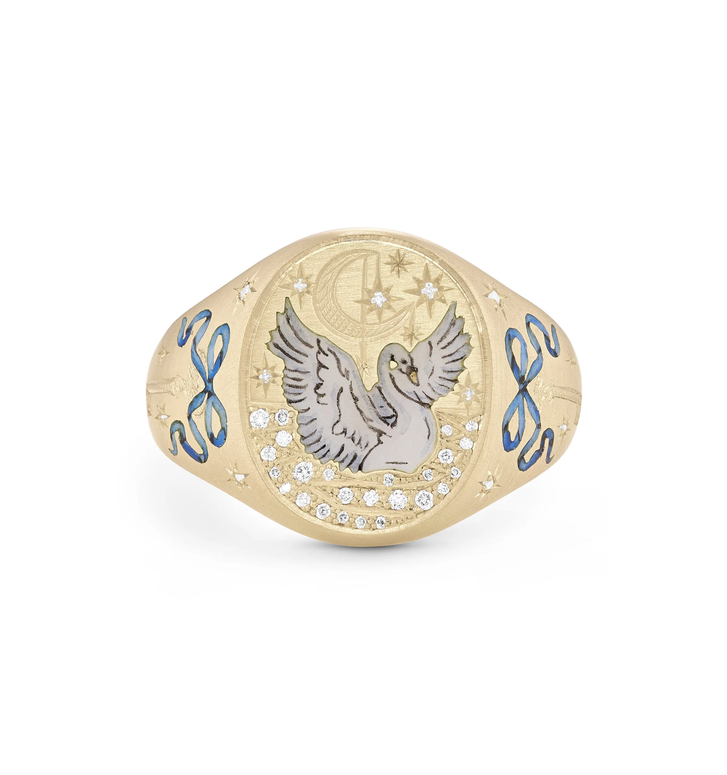 Cece Jewellery Swan Lake signet ring, handcrafted in 18k yellow gold with champlevé enamel and brilliant-cut diamonds