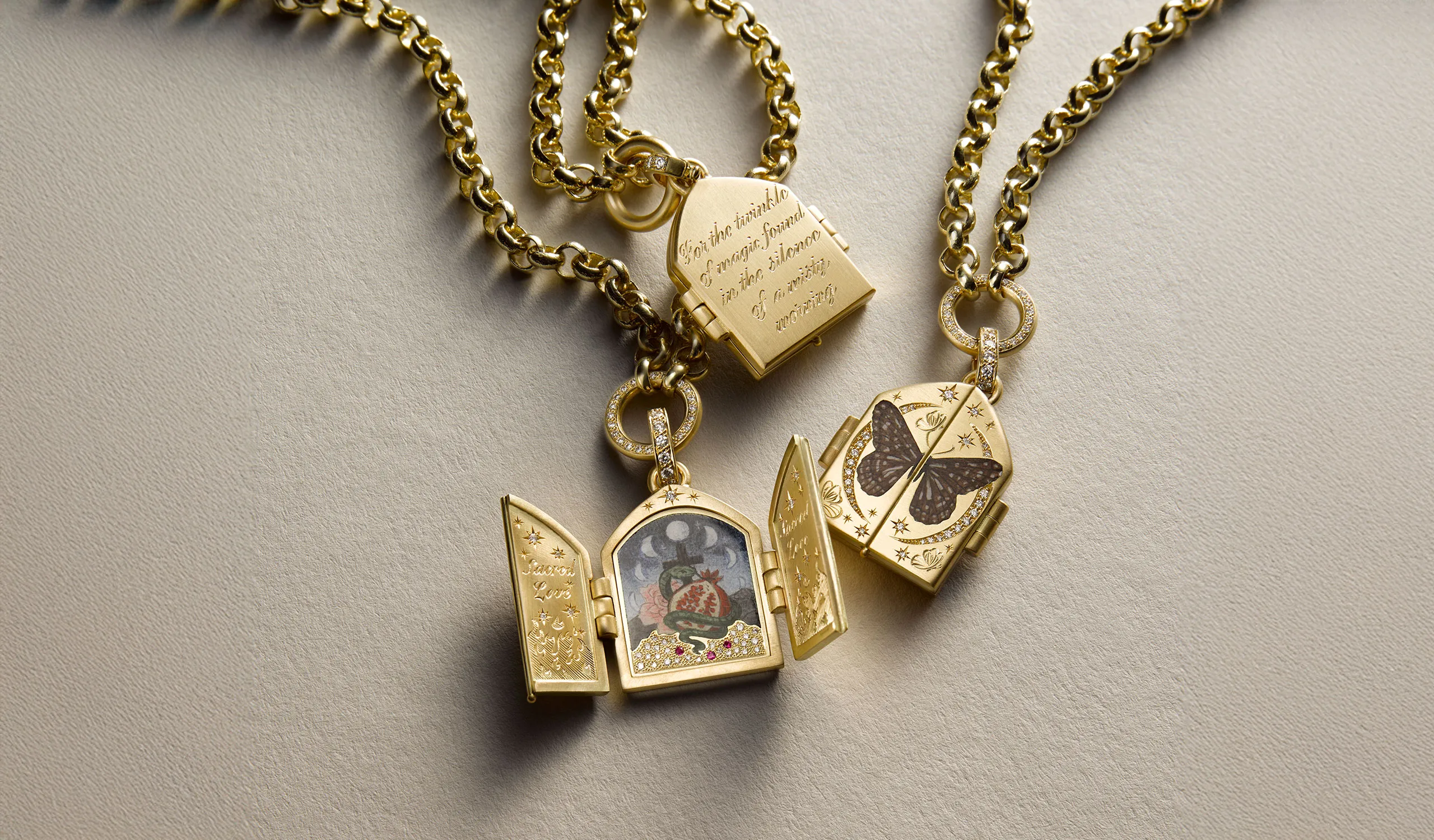Cece Jewellery Earthly Delights Triptych Charm necklaces, handcrafted in 18k yellow gold with champlevé enamel, brilliant-cut diamonds and red rubies
