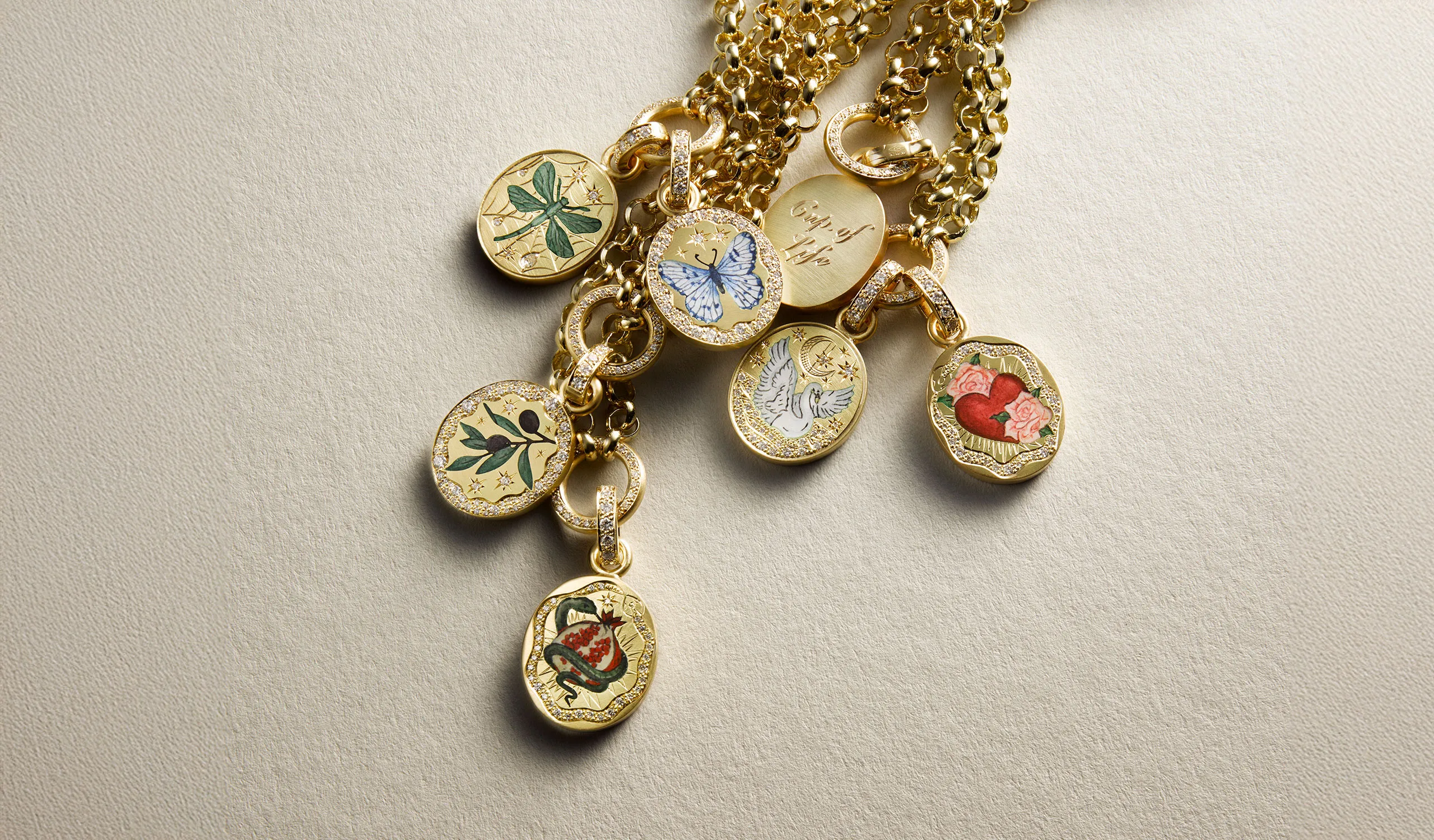 Cece Jewellery charm necklaces, handcrafted in 18k yellow gold with champlevé enamel and brilliant-cut diamonds
