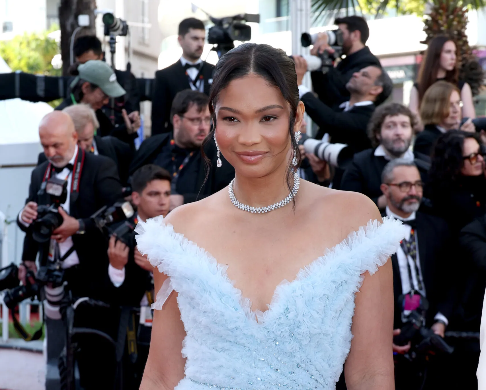 American model Chanel Iman wears a diamond necklace and pear-shaped diamond earrings to the Cannes Film Festival 2025