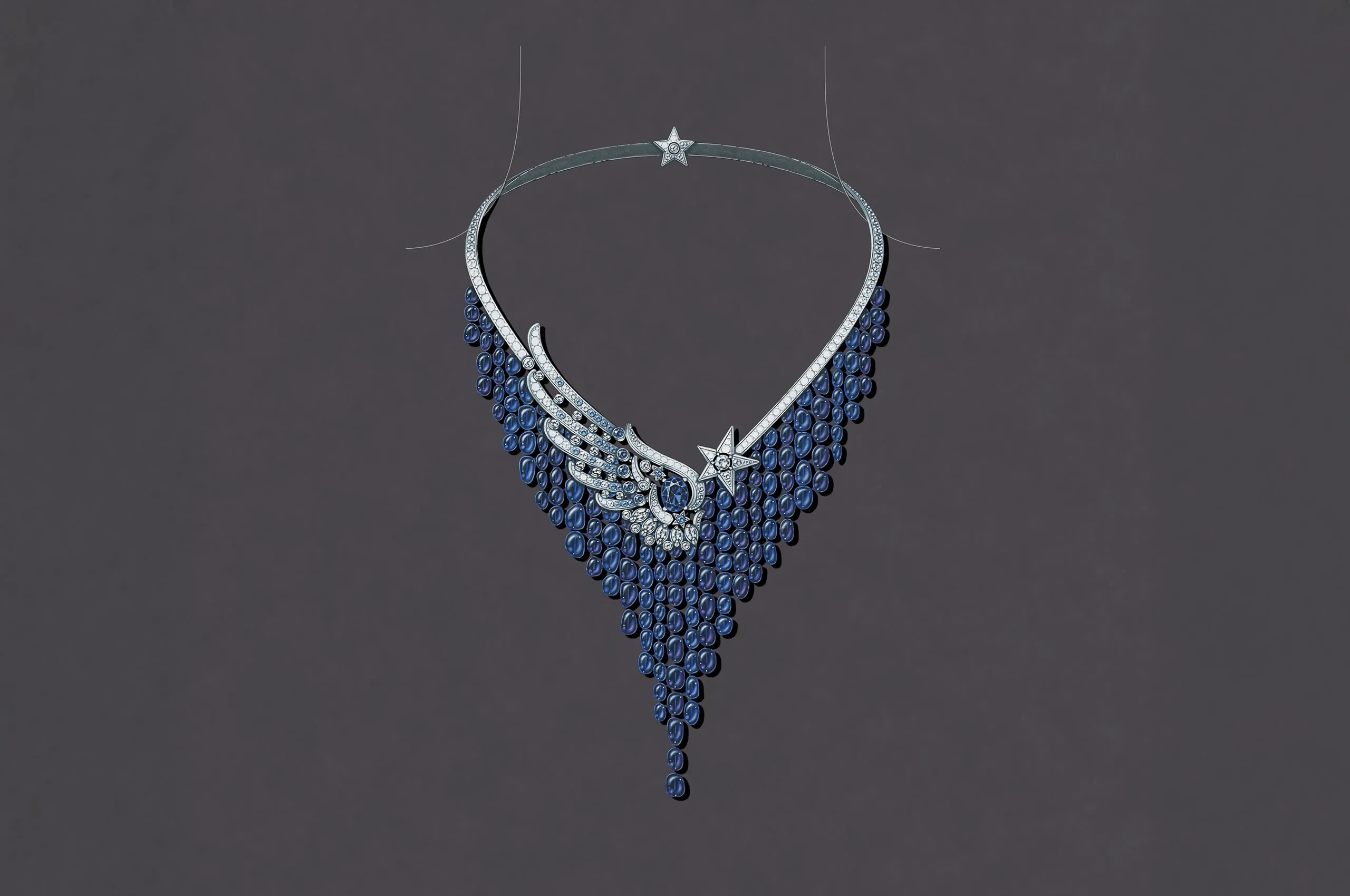 Chanel After Midnight necklace with an oval-cut sapphire of 4.85 carats, further sapphires, diamonds and tanzanite beads in white gold from the Reach for the Stars High Jewellery collection 