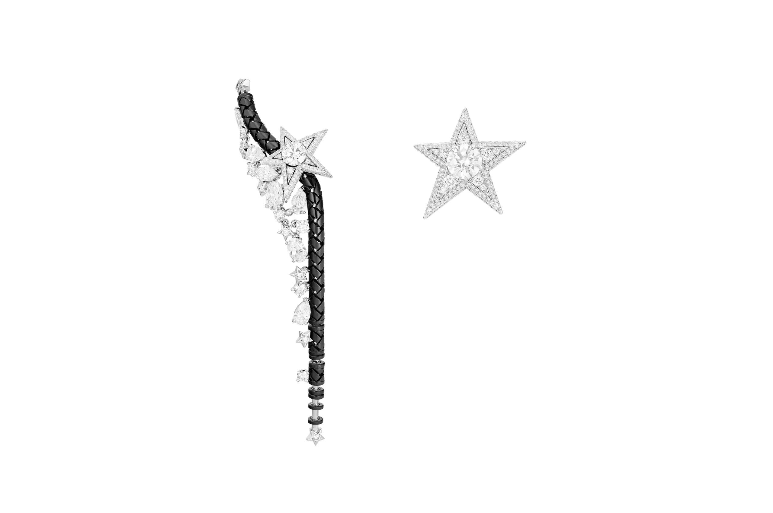 Chanel Dreams Come True earrings with a brilliant-cut diamond of 2.01 carats and 1.01 carats set alongside further diamonds in white gold and black-coated gold from the Reach for the Stars High Jewellery collection