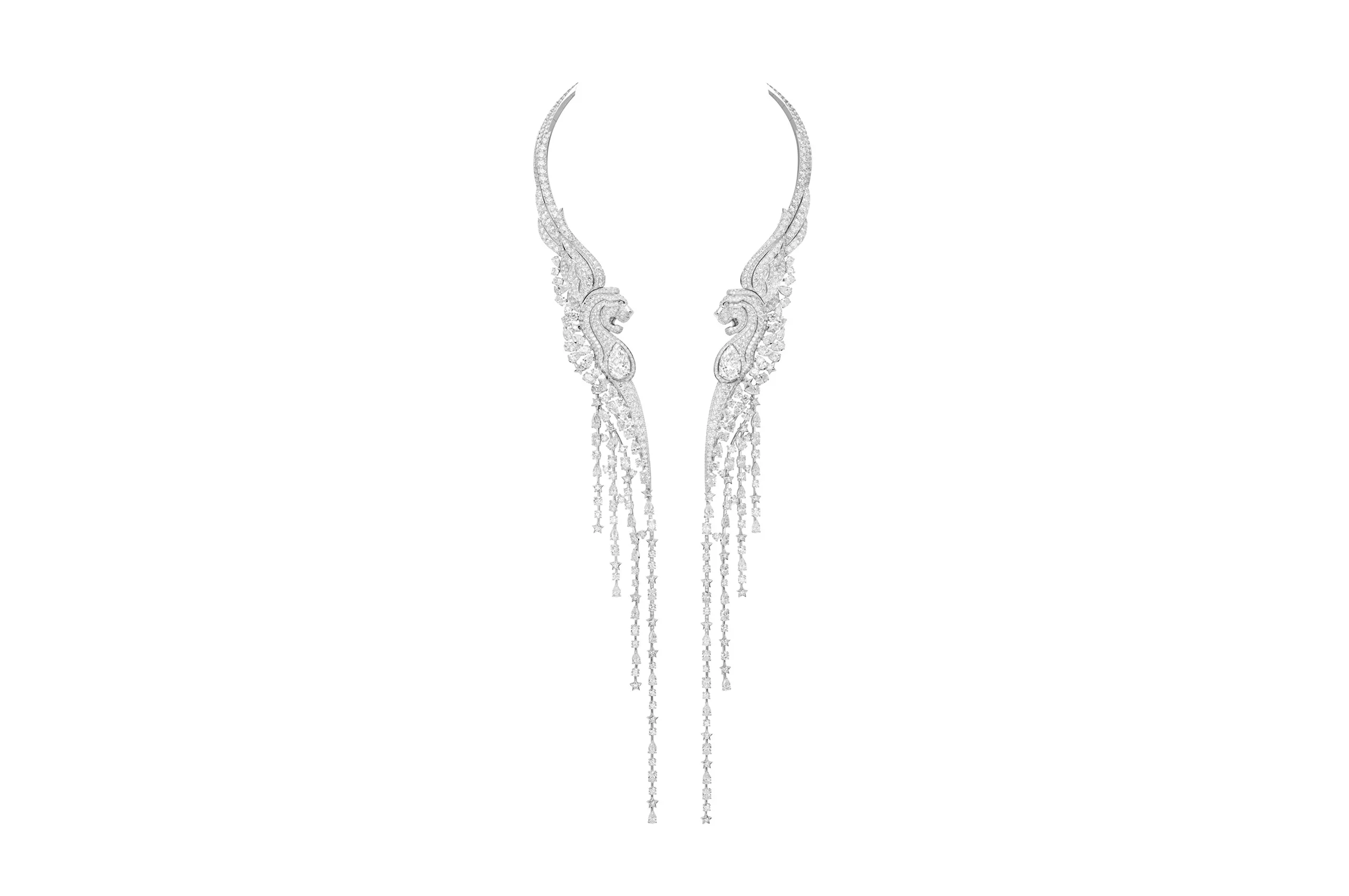 Chanel Embrace Your Destiny necklace with two pear-shaped D-flawless Type IIa diamonds of 5.62 carats and 5.60 carats set alongside further diamonds in white gold from the Reach for the Stars High Jewellery collection 