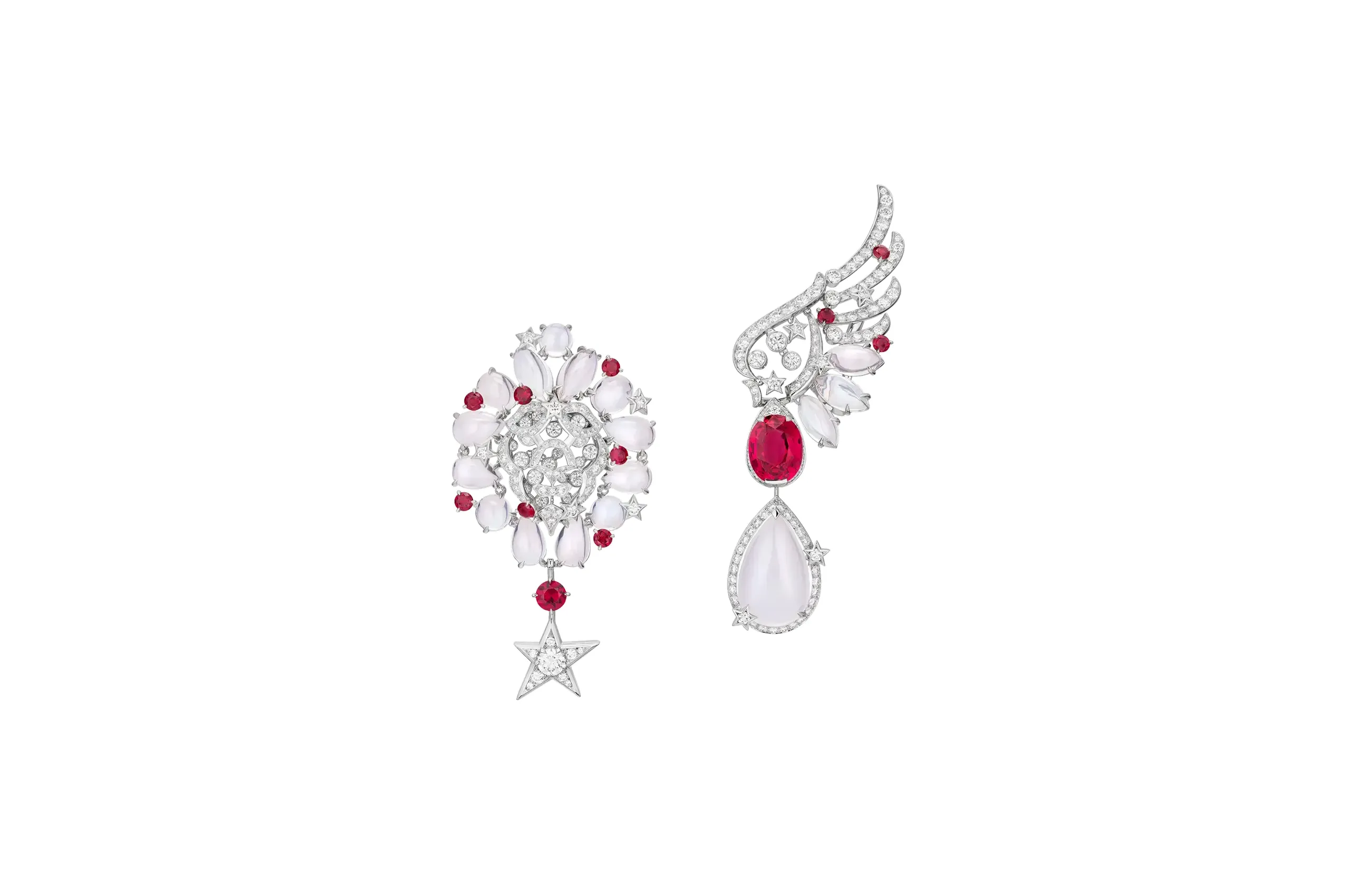 Chanel Follow Your Heart earrings with an oval-cut red spinel of 5.49 carats, further red spinels, rubies, moonstones and natural polished diamonds in platinum from the Reach for the Stars High Jewellery collection 